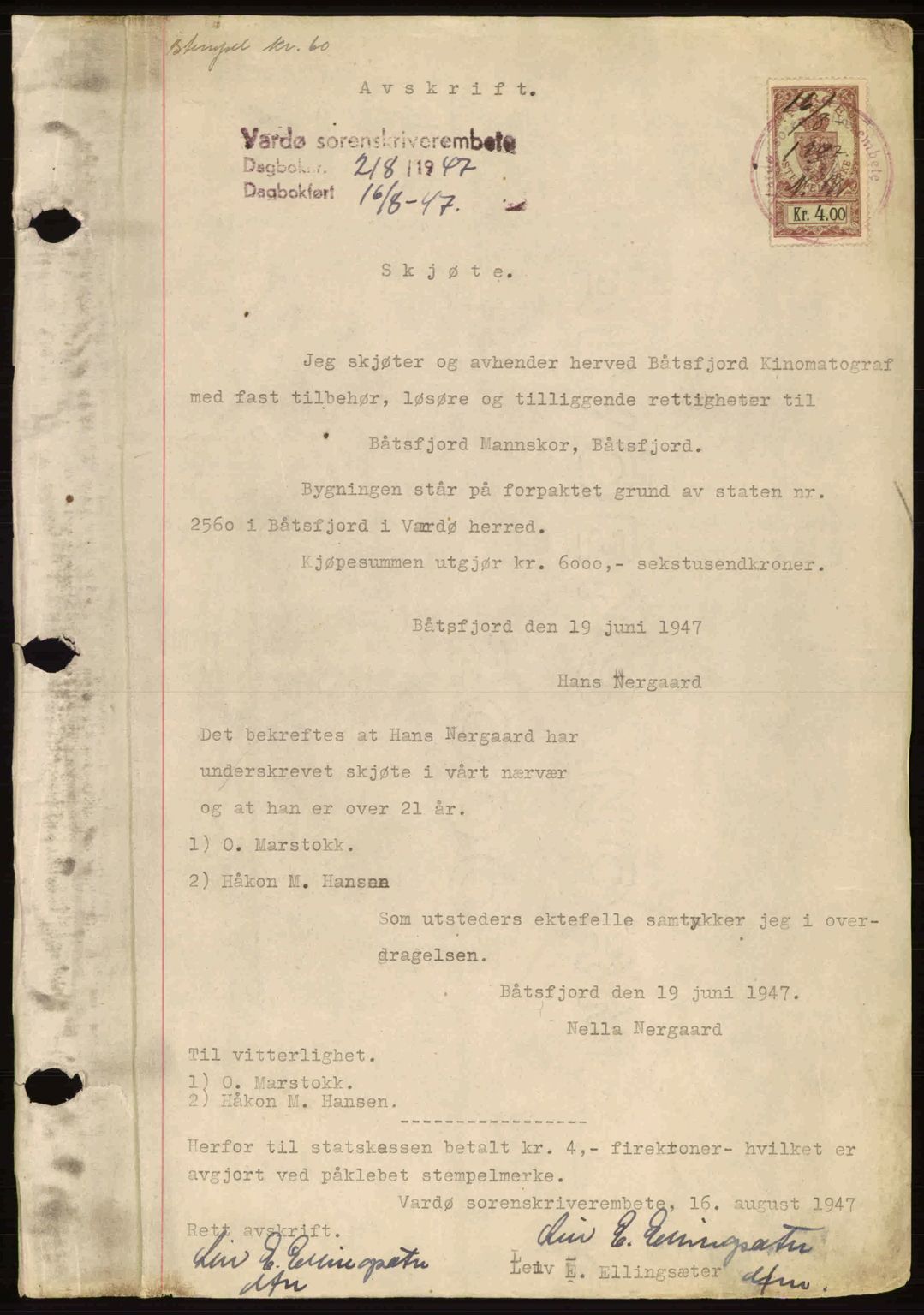 Vardø fogderi-sorenskriveri, SATØ/S-0060/1/L/Lh/L0003pantebokA: Pantebok nr. A3, 1947-1949, Dagboknr: 218/1947