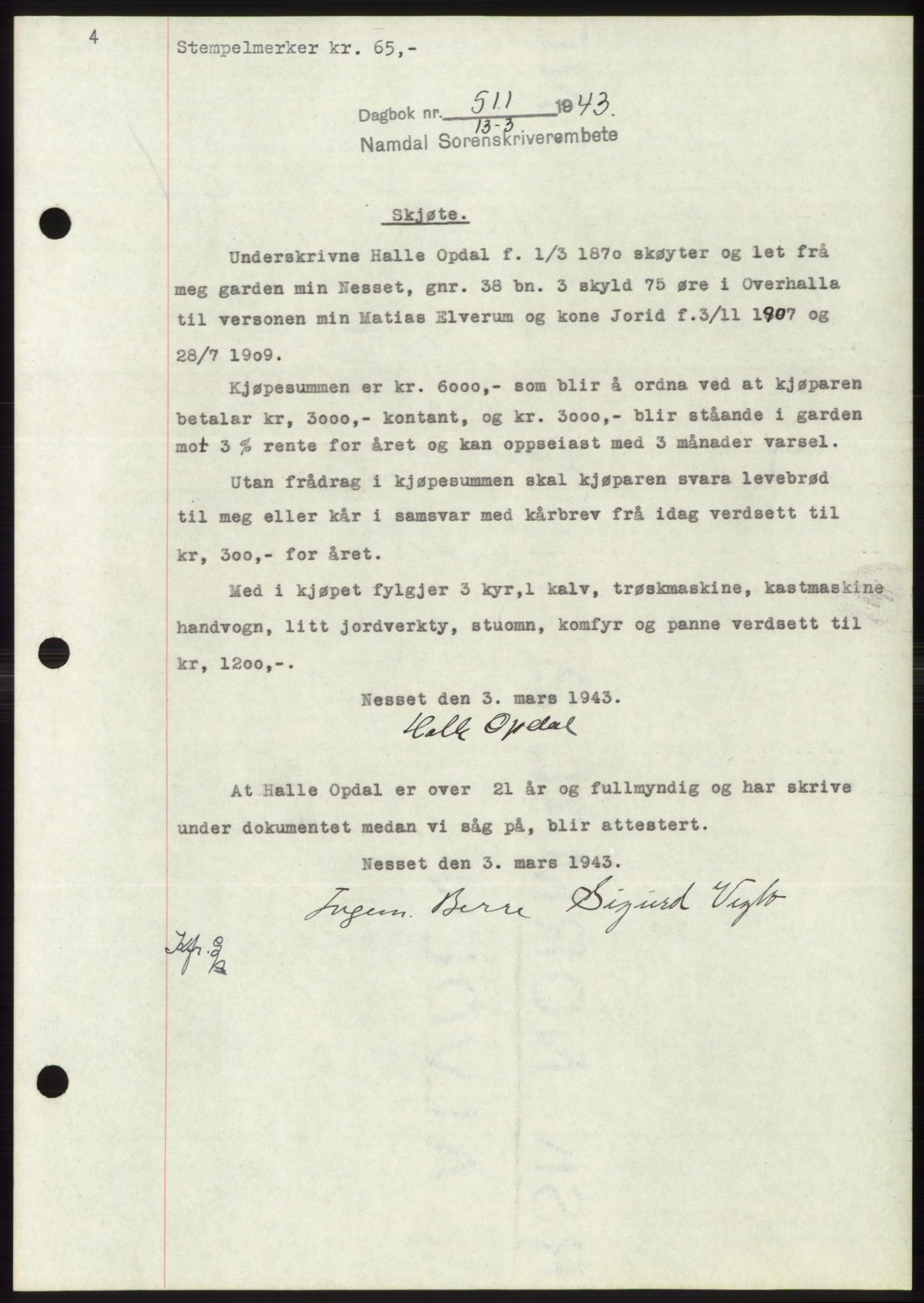 Namdal sorenskriveri, SAT/A-4133/1/2/2C: Pantebok nr. -, 1942-1943, Dagboknr: 511/1943