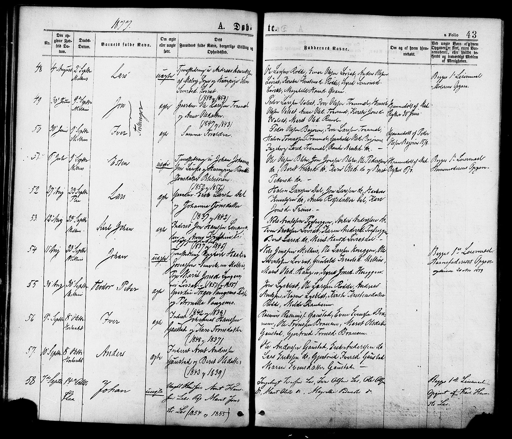 Ministerialprotokoller, klokkerbøker og fødselsregistre - Sør-Trøndelag, SAT/A-1456/691/L1079: Ministerialbok nr. 691A11, 1873-1886, s. 43