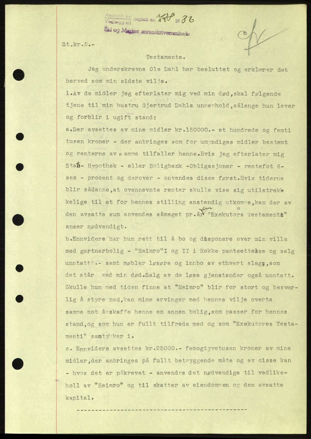 Idd og Marker sorenskriveri, AV/SAO-A-10283/G/Gb/Gbb/L0001: Pantebok nr. A1, 1936-1937, Dagboknr: 728/1936