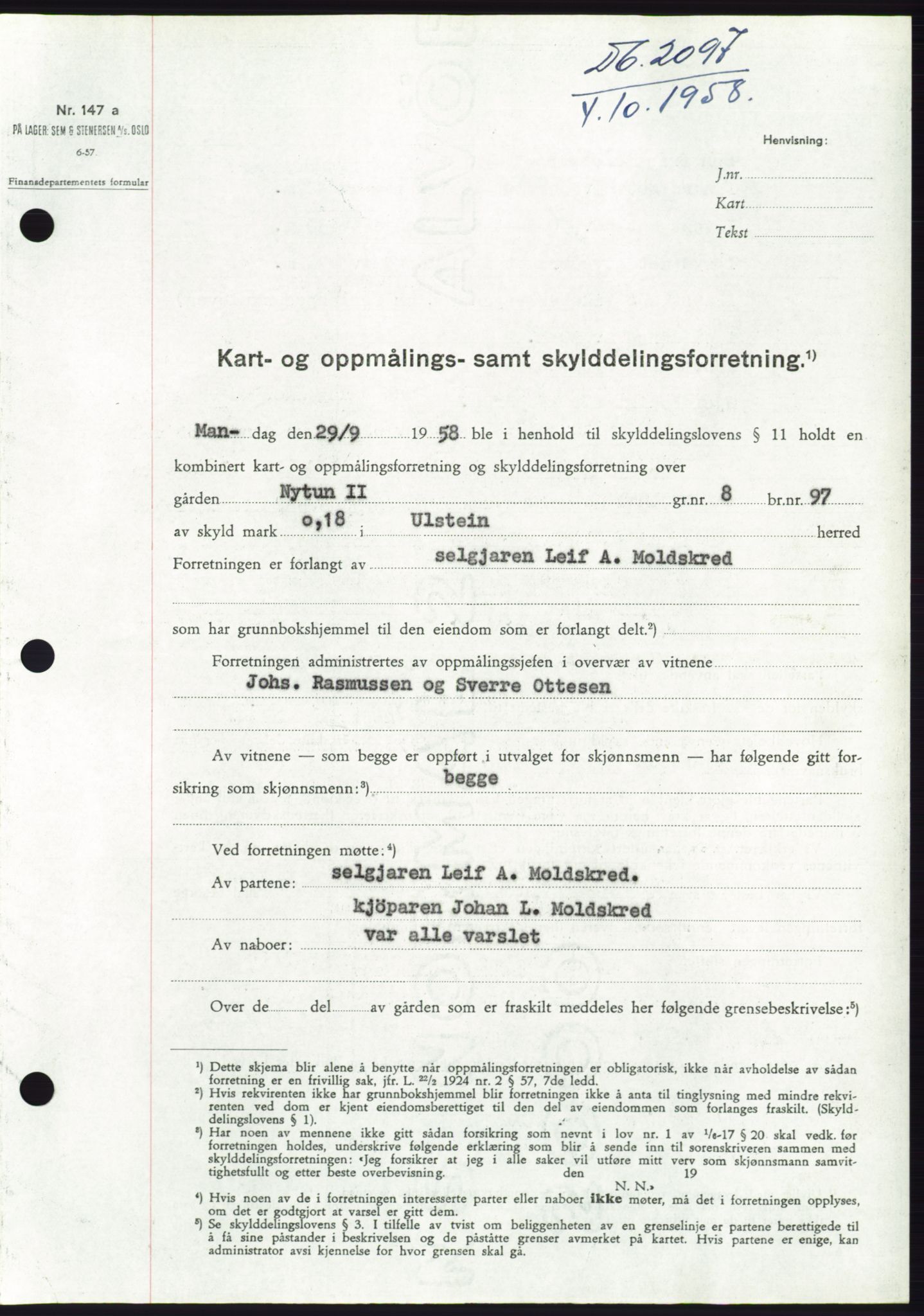 Søre Sunnmøre sorenskriveri, AV/SAT-A-4122/1/2/2C/L0110: Pantebok nr. 36A, 1958-1958, Dagboknr: 2097/1958