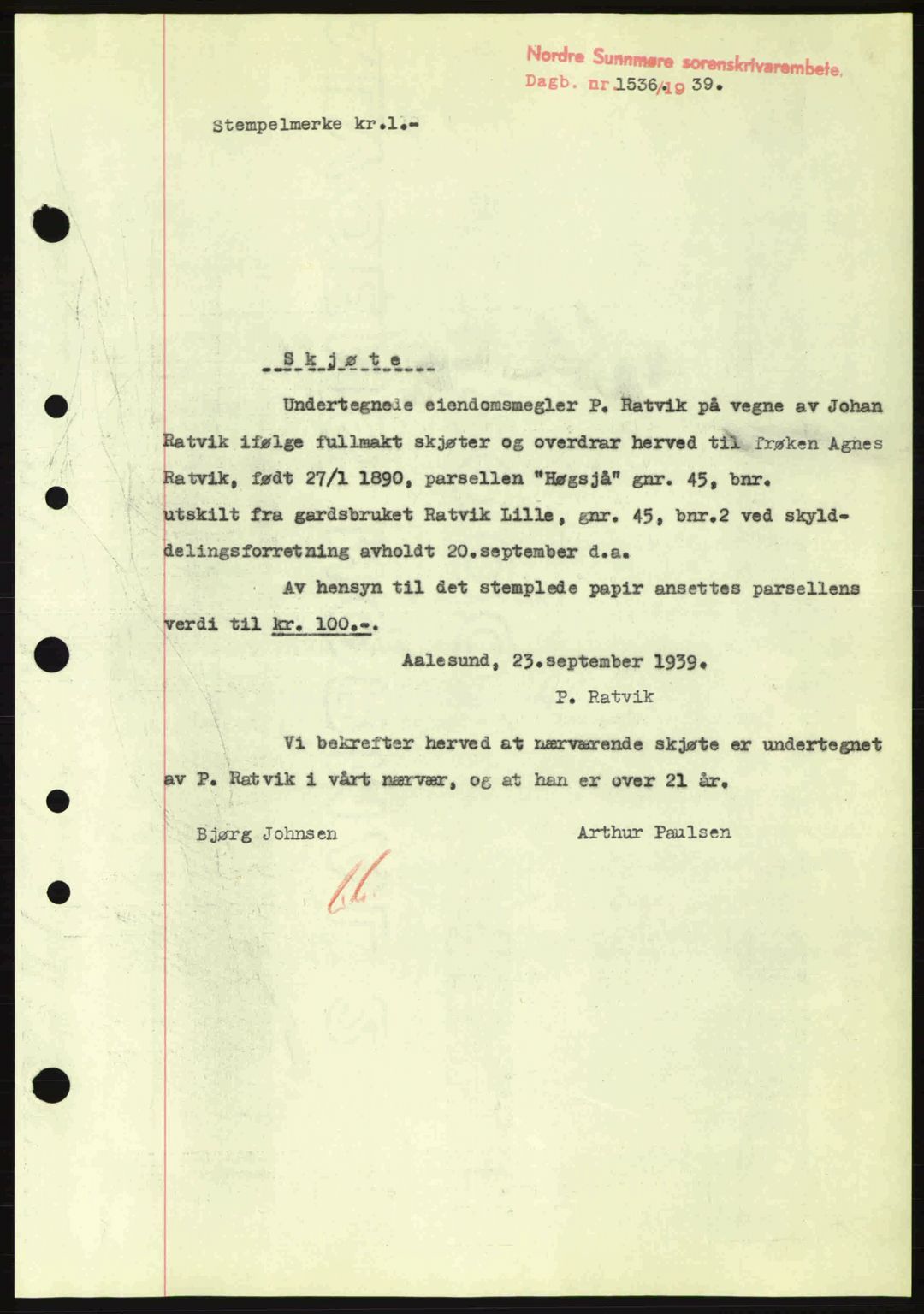 Nordre Sunnmøre sorenskriveri, SAT/A-0006/1/2/2C/2Ca: Pantebok nr. A7, 1939-1939, Dagboknr: 1536/1939