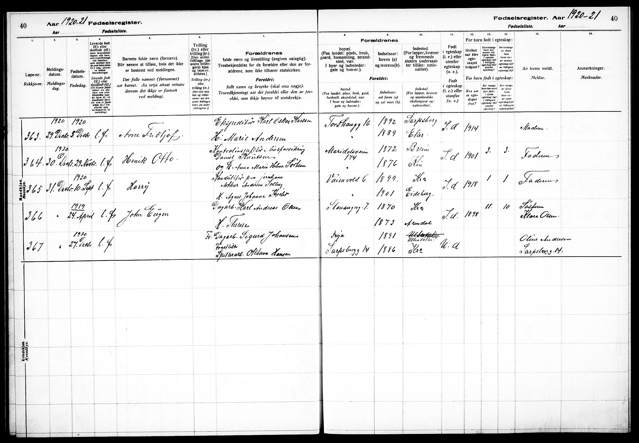 Sagene prestekontor Kirkebøker, SAO/A-10796/J/L0002: Fødselsregister nr. 2, 1920-1922, s. 40