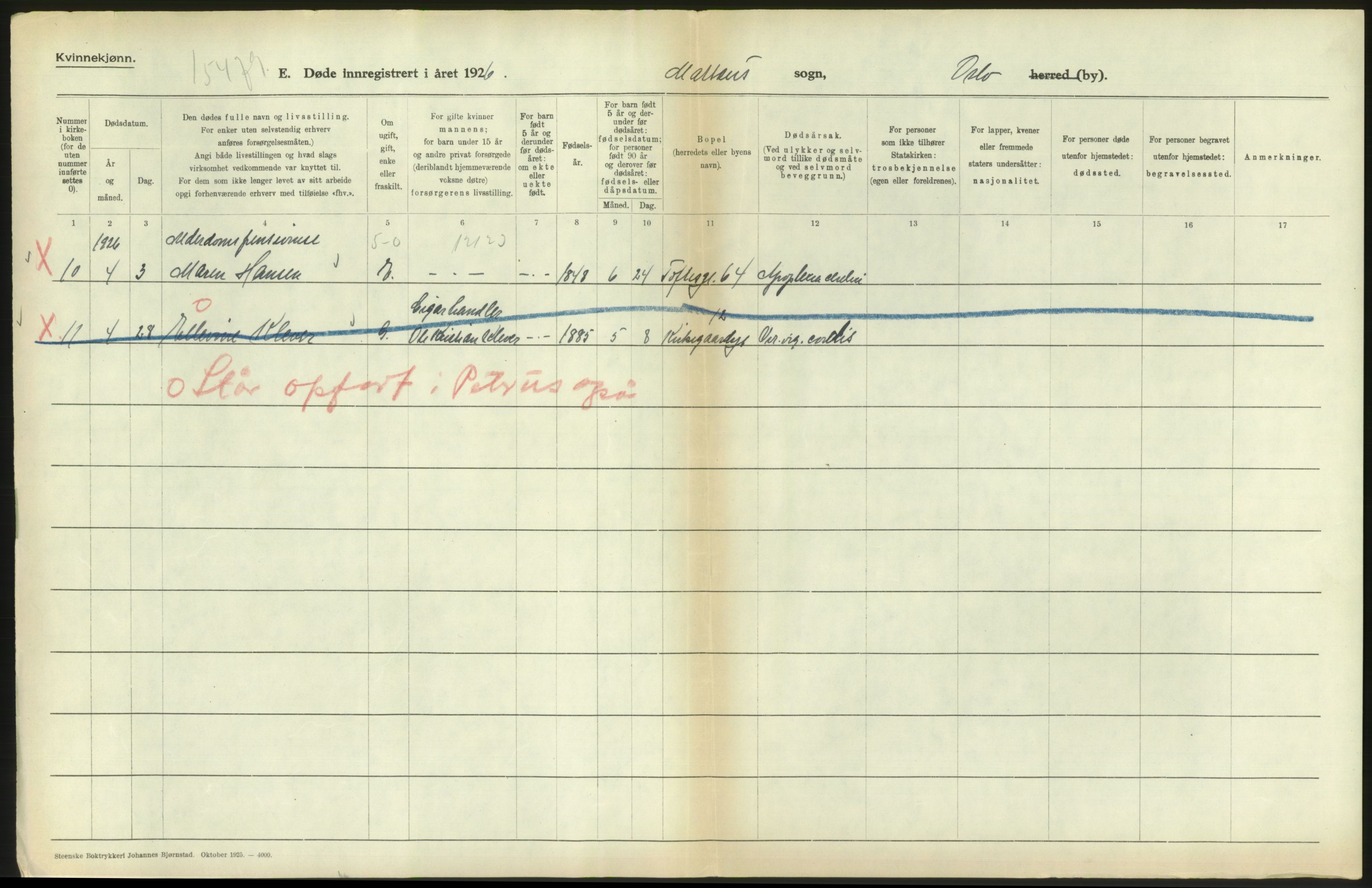 Statistisk sentralbyrå, Sosiodemografiske emner, Befolkning, AV/RA-S-2228/D/Df/Dfc/Dfcf/L0010: Oslo: Døde kvinner, dødfødte, 1926, s. 538