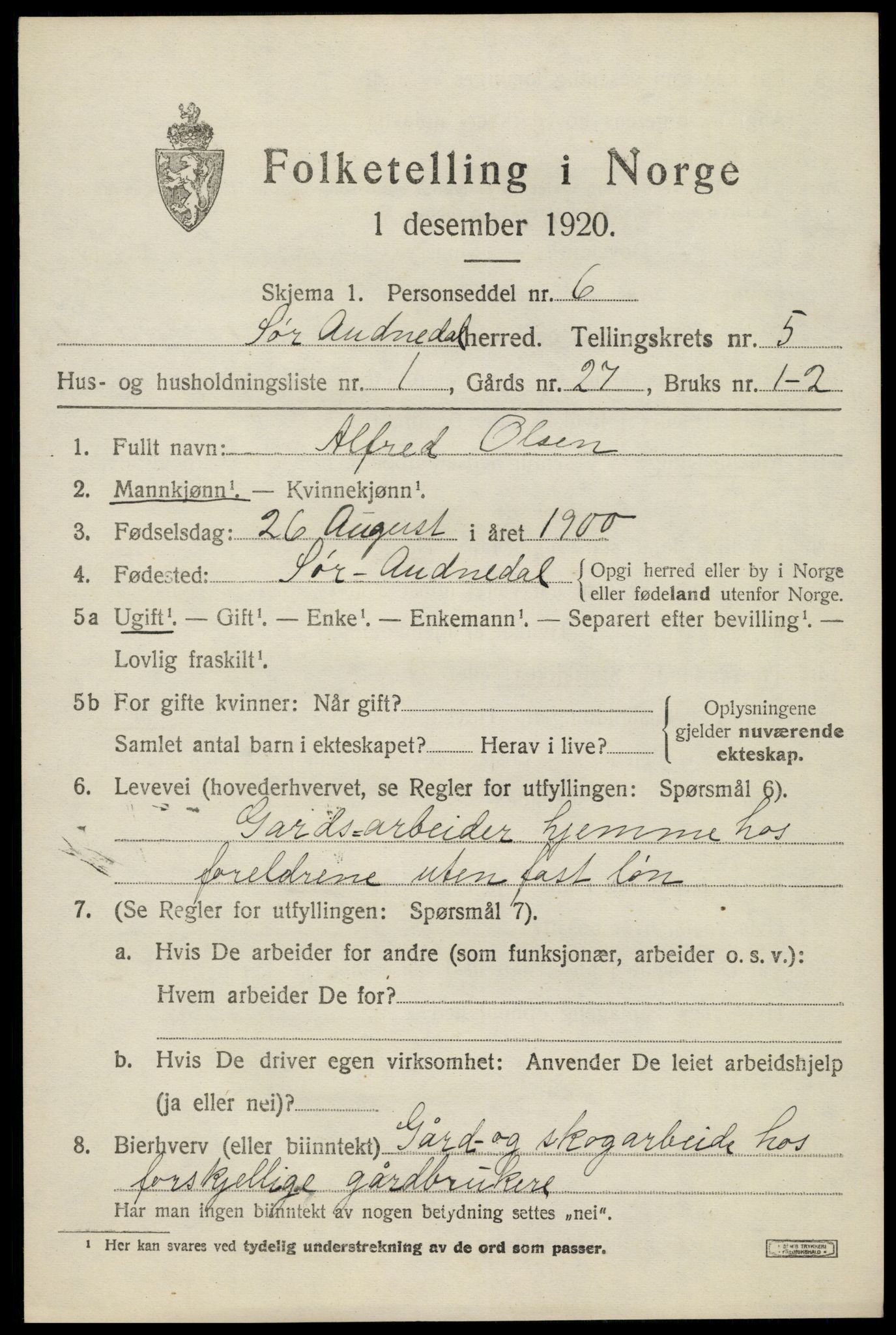 SAK, Folketelling 1920 for 1029 Sør-Audnedal herred, 1920, s. 2607