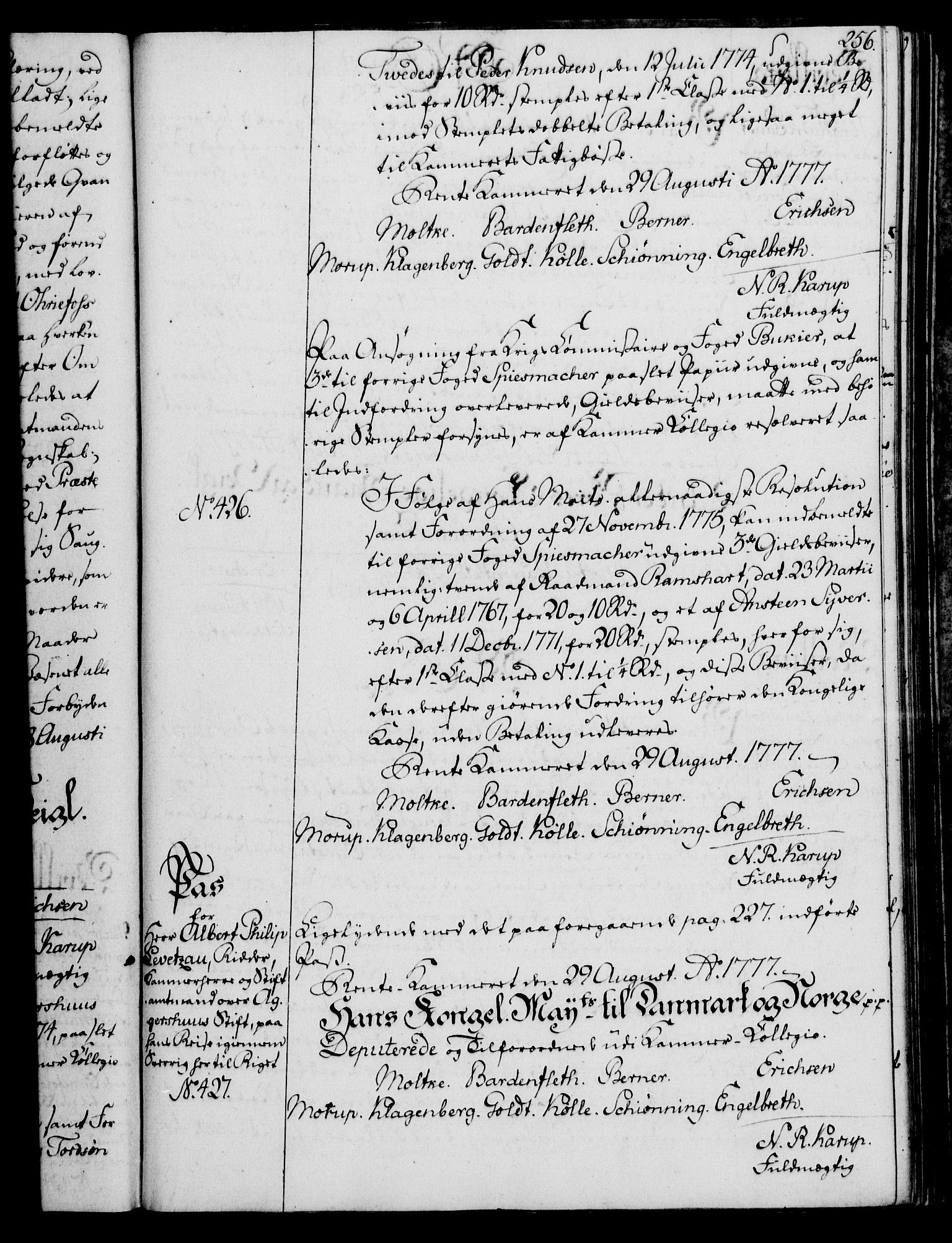 Rentekammeret, Kammerkanselliet, AV/RA-EA-3111/G/Gg/Gga/L0010: Norsk ekspedisjonsprotokoll med register (merket RK 53.10), 1773-1778, s. 256