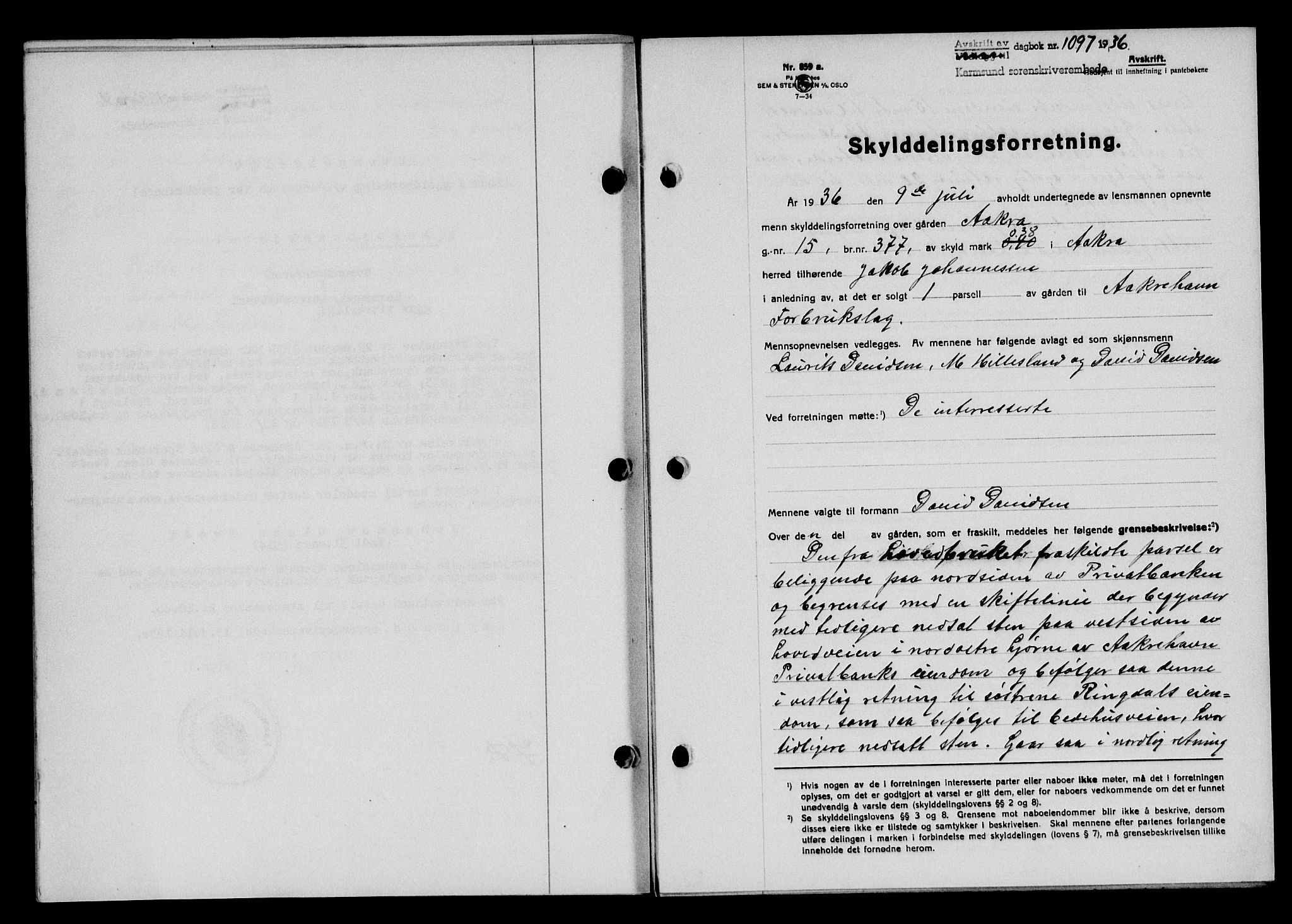 Karmsund sorenskriveri, SAST/A-100311/01/II/IIB/L0066: Pantebok nr. 47A, 1936-1936, Dagboknr: 1097/1936