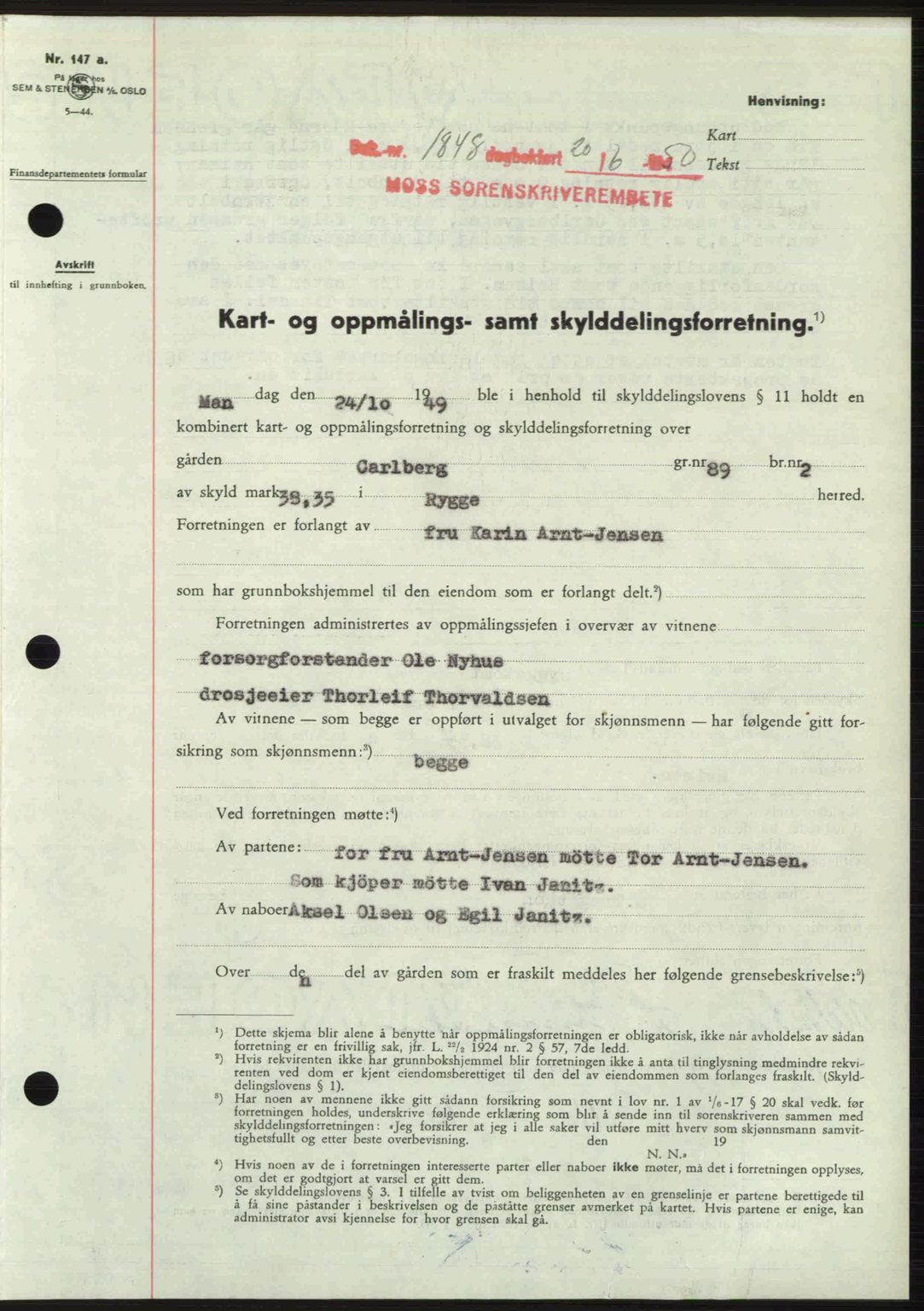 Moss sorenskriveri, SAO/A-10168: Pantebok nr. A26, 1950-1950, Dagboknr: 1848/1950