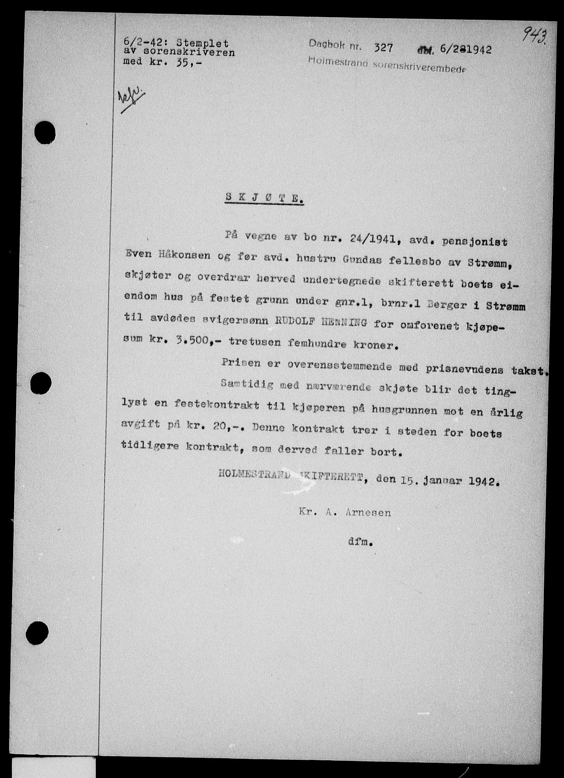 Holmestrand sorenskriveri, SAKO/A-67/G/Ga/Gaa/L0054: Pantebok nr. A-54, 1941-1942, Dagboknr: 327/1942