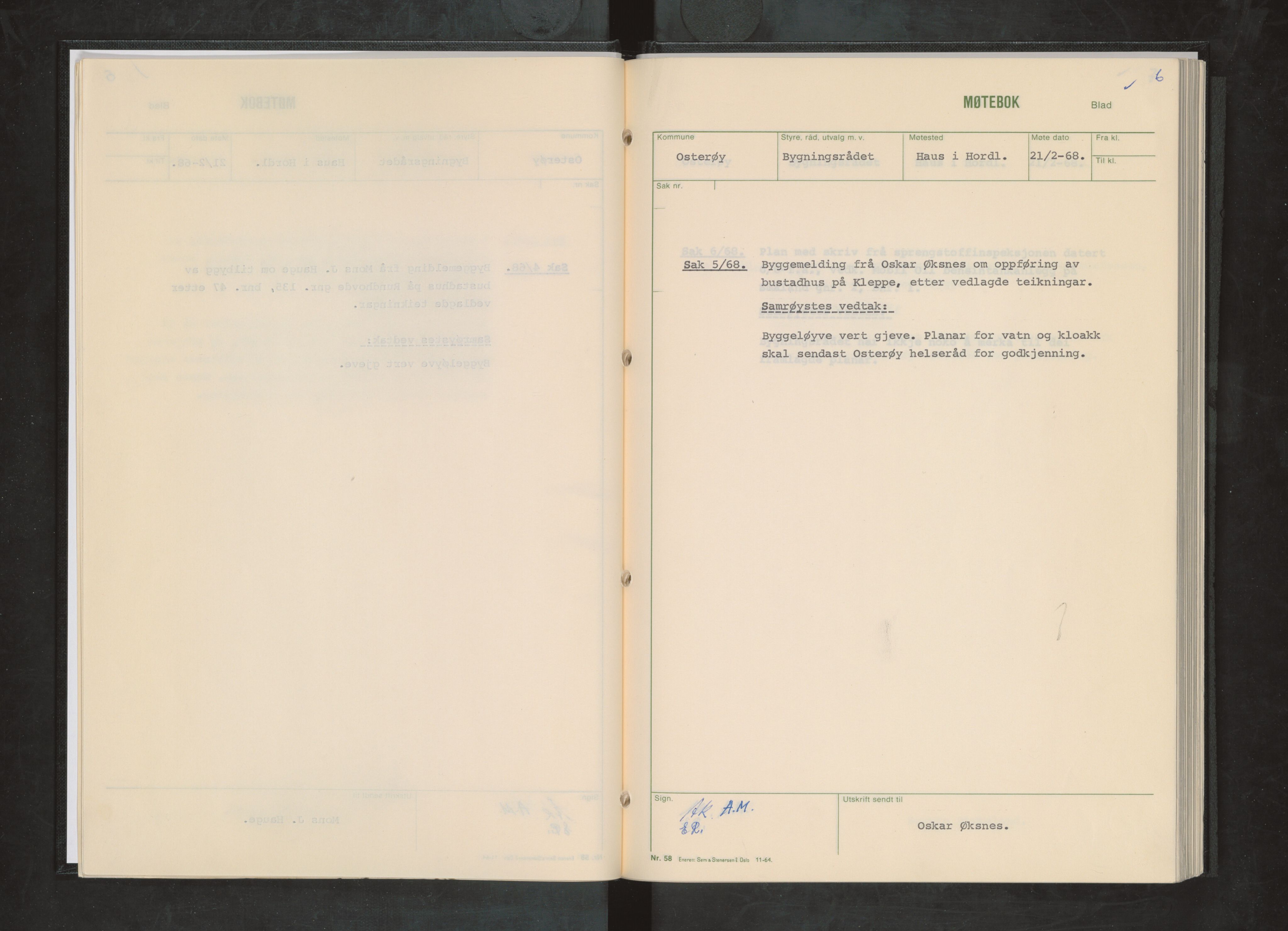 Osterøy kommune. Bygningsrådet, IKAH/1253b-511/A/Aa/L0003: Møtebok Osterøy bygningsråd, 1968