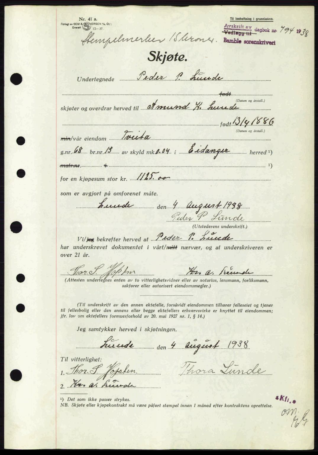 Bamble sorenskriveri, AV/SAKO-A-214/G/Ga/Gag/L0002: Pantebok nr. A-2, 1937-1938, Dagboknr: 794/1938