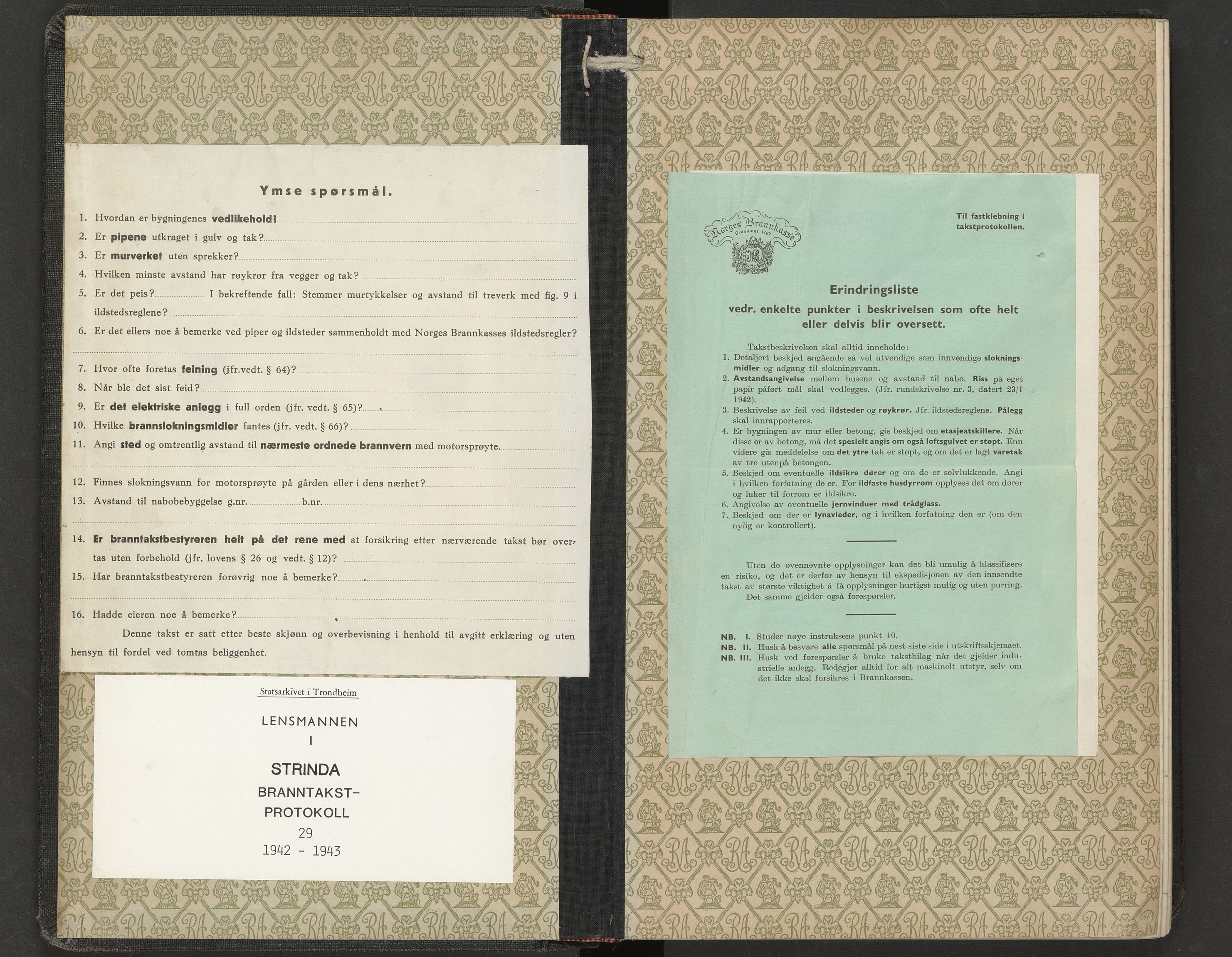 Norges Brannkasse Strinda, SAT/A-5516/Fa/L0029: Branntakstprotokoll, 1942-1943