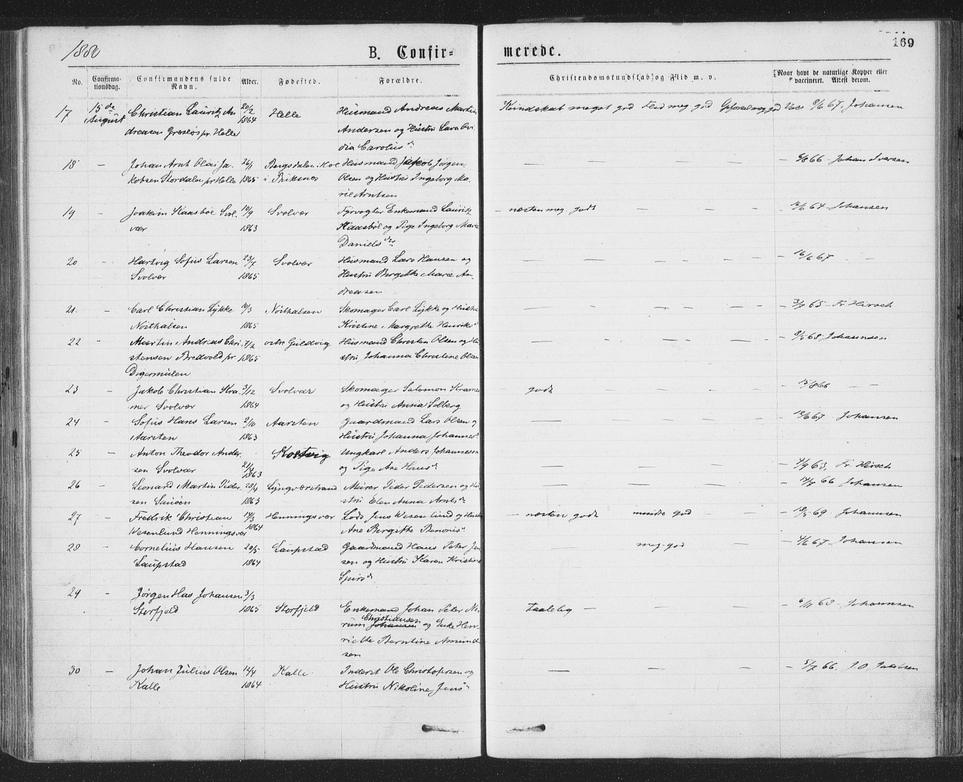 Ministerialprotokoller, klokkerbøker og fødselsregistre - Nordland, AV/SAT-A-1459/874/L1058: Ministerialbok nr. 874A02, 1878-1883, s. 169