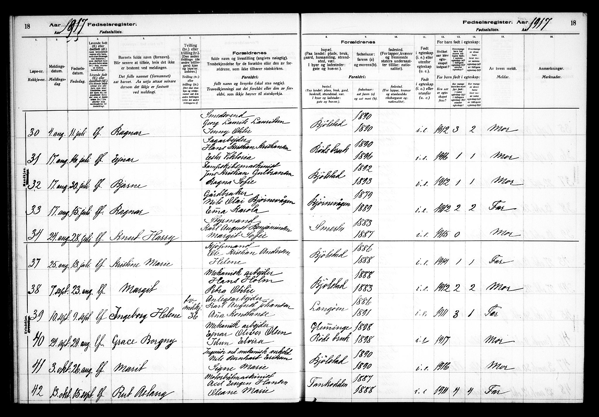 Kråkerøy prestekontor Kirkebøker, AV/SAO-A-10912/J/Ja/L0001: Fødselsregister nr. 1, 1916-1938, s. 18