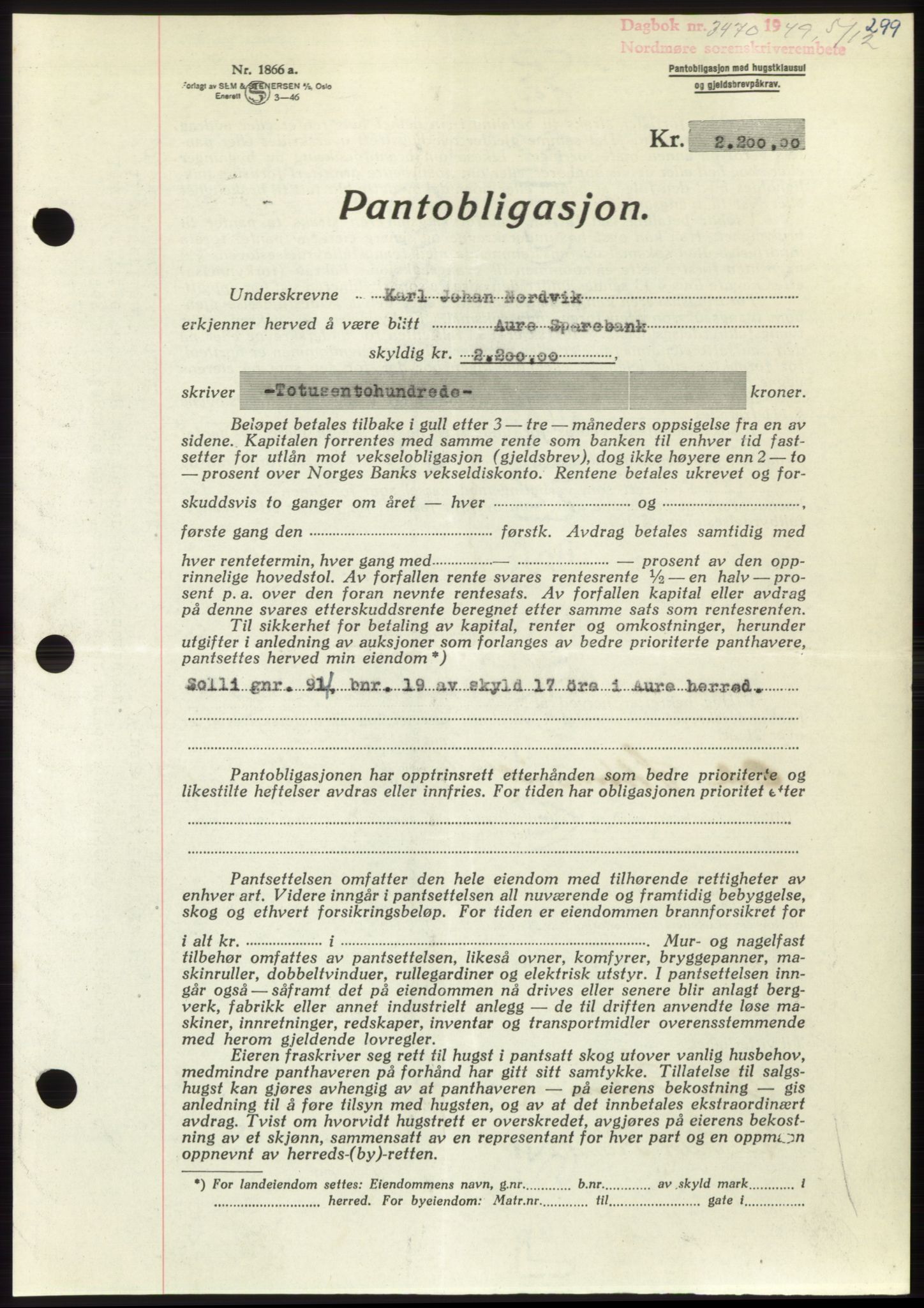 Nordmøre sorenskriveri, SAT/A-4132/1/2/2Ca: Pantebok nr. B103, 1949-1950, Dagboknr: 3470/1949