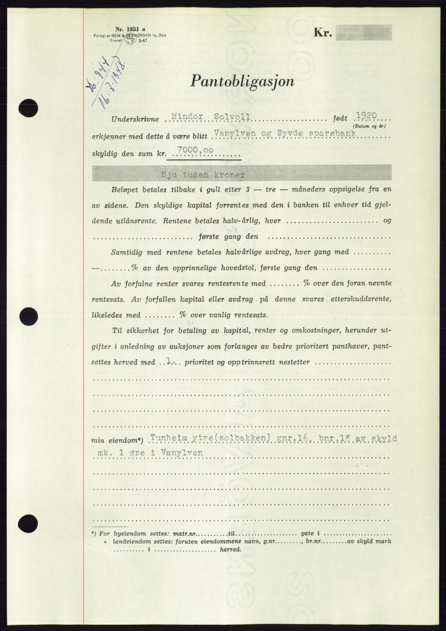 Søre Sunnmøre sorenskriveri, AV/SAT-A-4122/1/2/2C/L0116: Pantebok nr. 4B, 1948-1949, Dagboknr: 944/1948