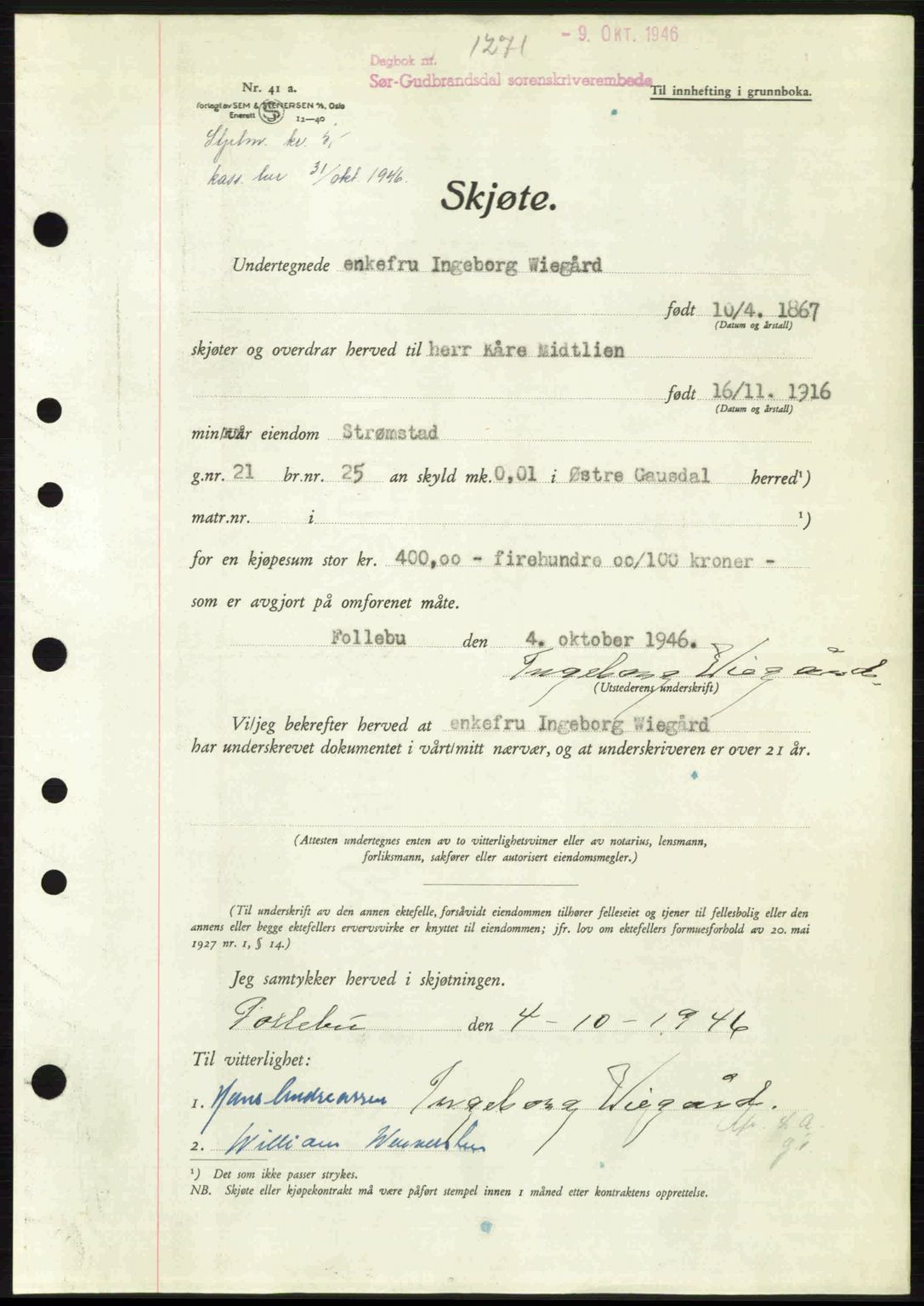 Sør-Gudbrandsdal tingrett, SAH/TING-004/H/Hb/Hbd/L0016: Pantebok nr. A16, 1946-1946, Dagboknr: 1271/1946