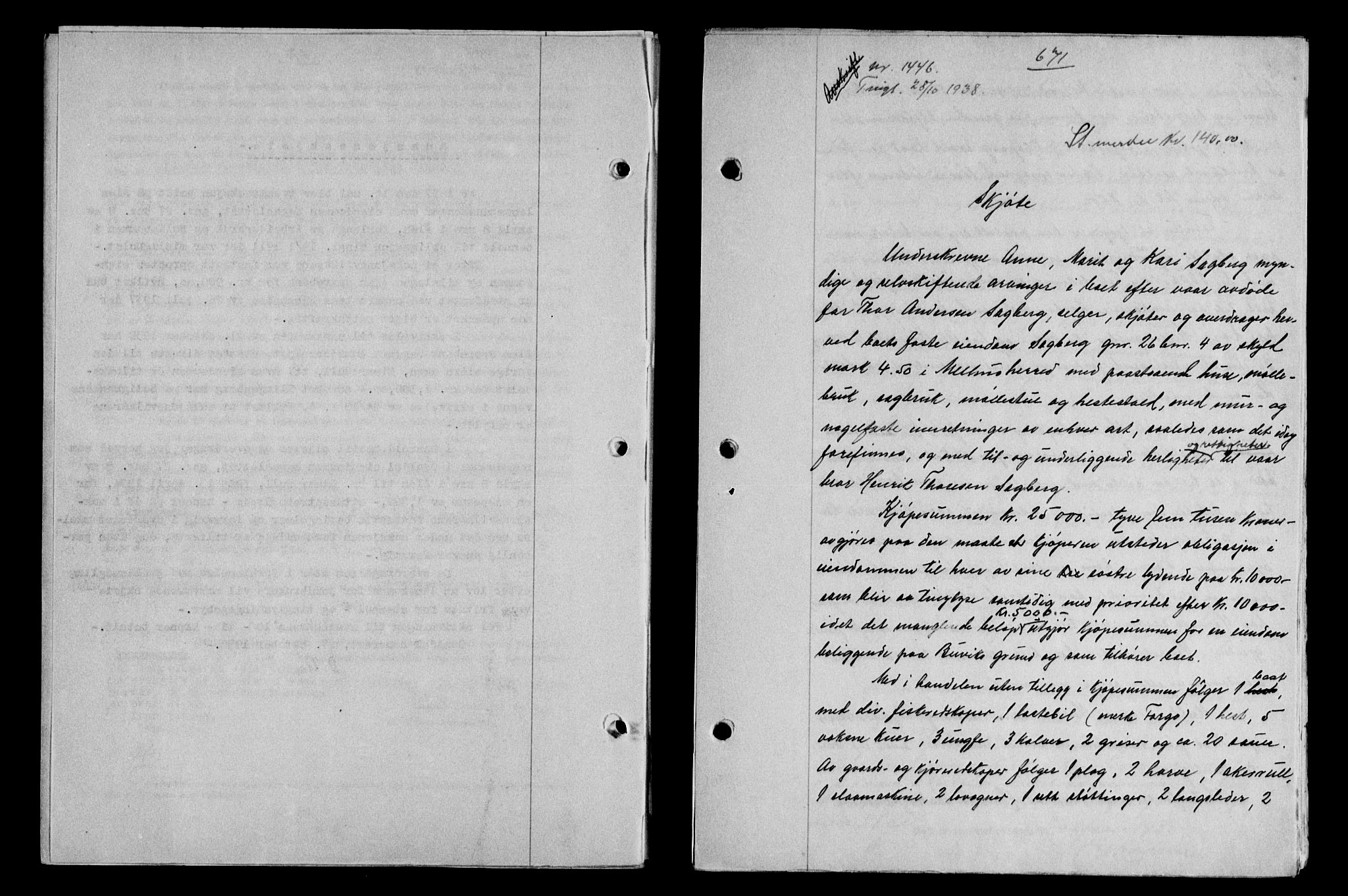Gauldal sorenskriveri, SAT/A-0014/1/2/2C/L0049: Pantebok nr. 53, 1938-1938, Dagboknr: 1446/1938