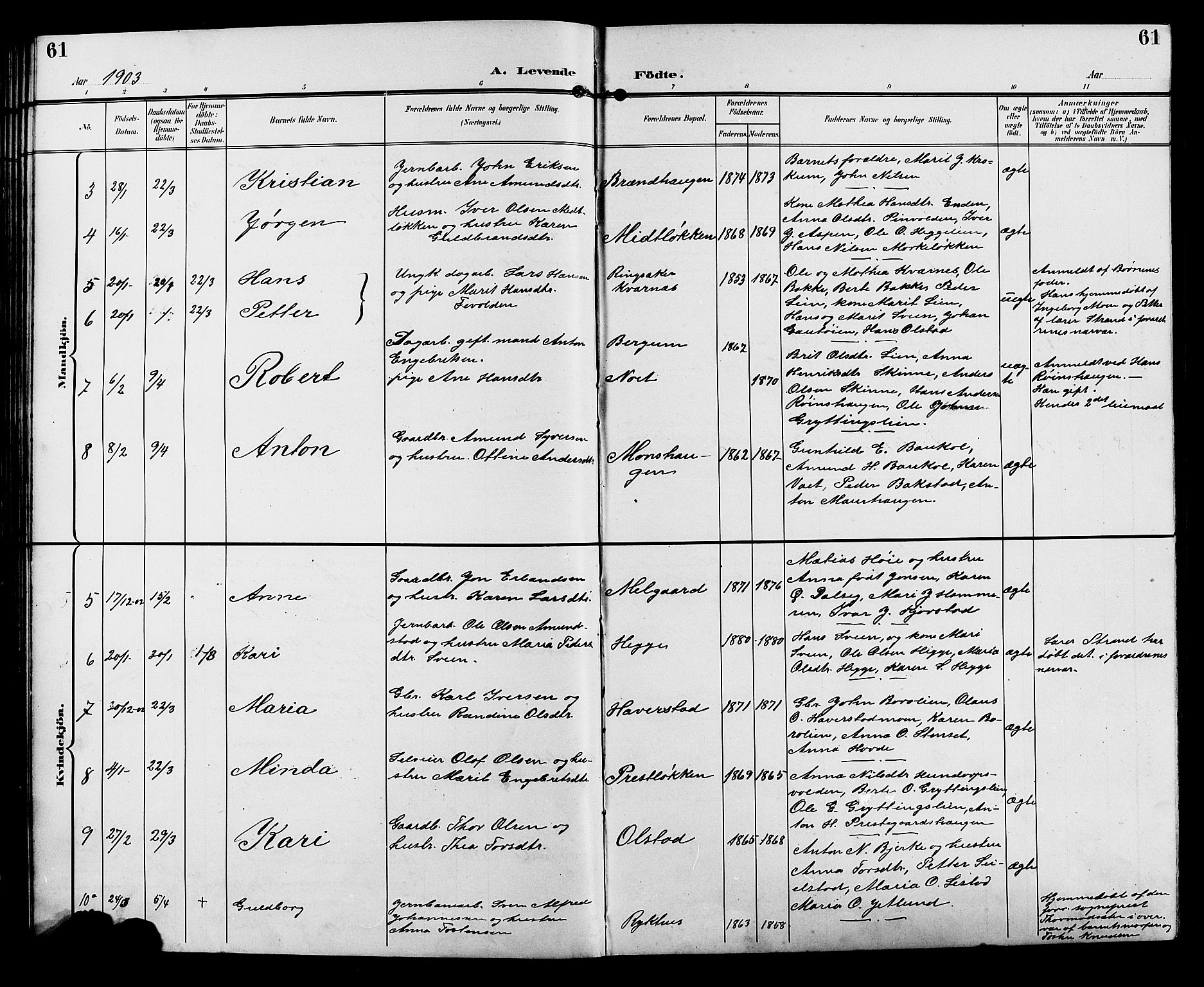 Sør-Fron prestekontor, AV/SAH-PREST-010/H/Ha/Hab/L0004: Klokkerbok nr. 4, 1896-1911, s. 61