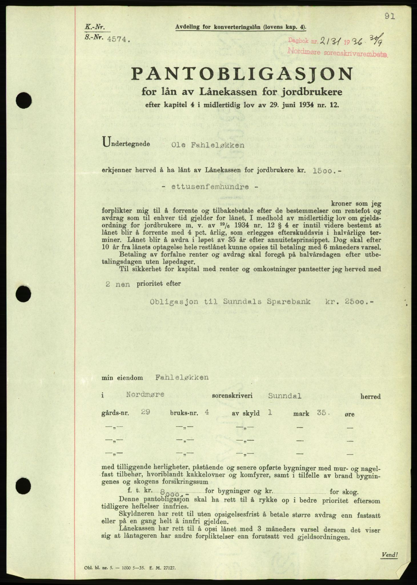 Nordmøre sorenskriveri, AV/SAT-A-4132/1/2/2Ca/L0090: Pantebok nr. B80, 1936-1937, Dagboknr: 2131/1936