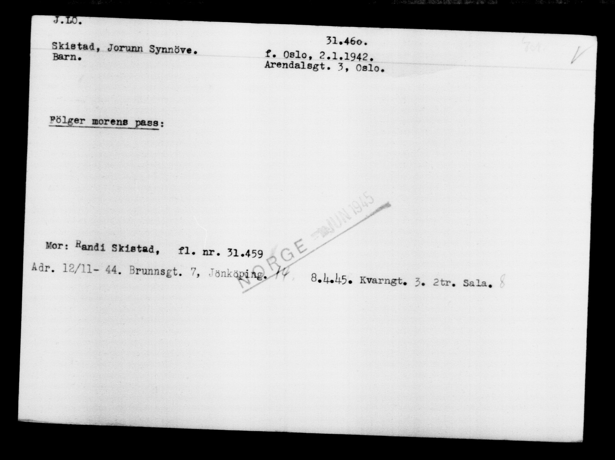 Utenriksstasjonene, Legasjonen i Stockholm, Flyktningkontoret, AV/RA-S-6753/V/Va/L0012: Kjesäterkartoteket, flyktninger med registreringsnr. 28300-31566, 1940-1945, s. 3421