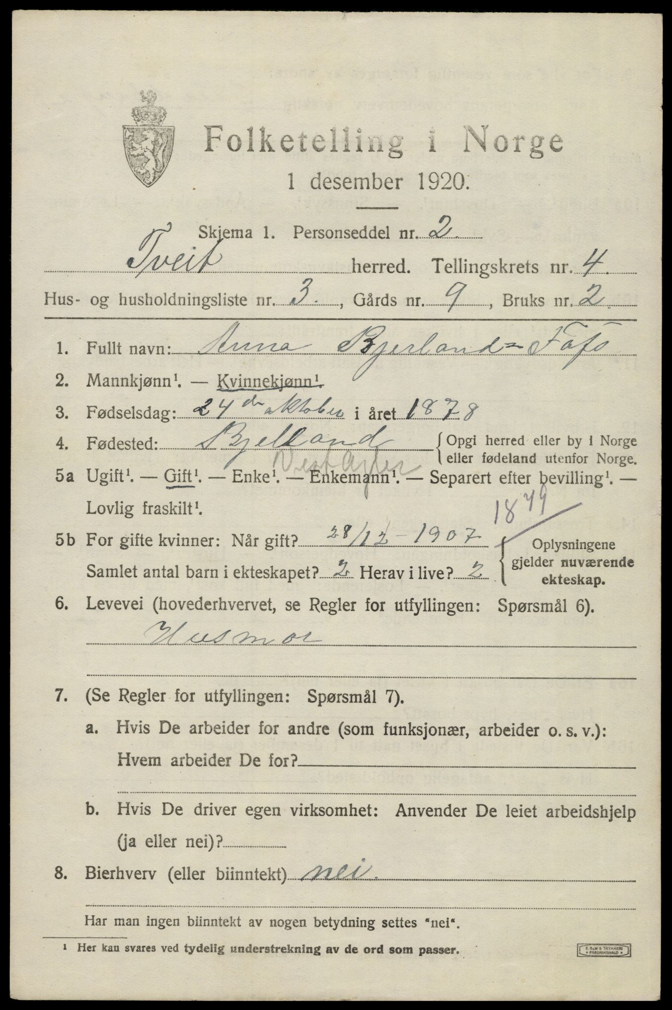 SAK, Folketelling 1920 for 1013 Tveit herred, 1920, s. 2002