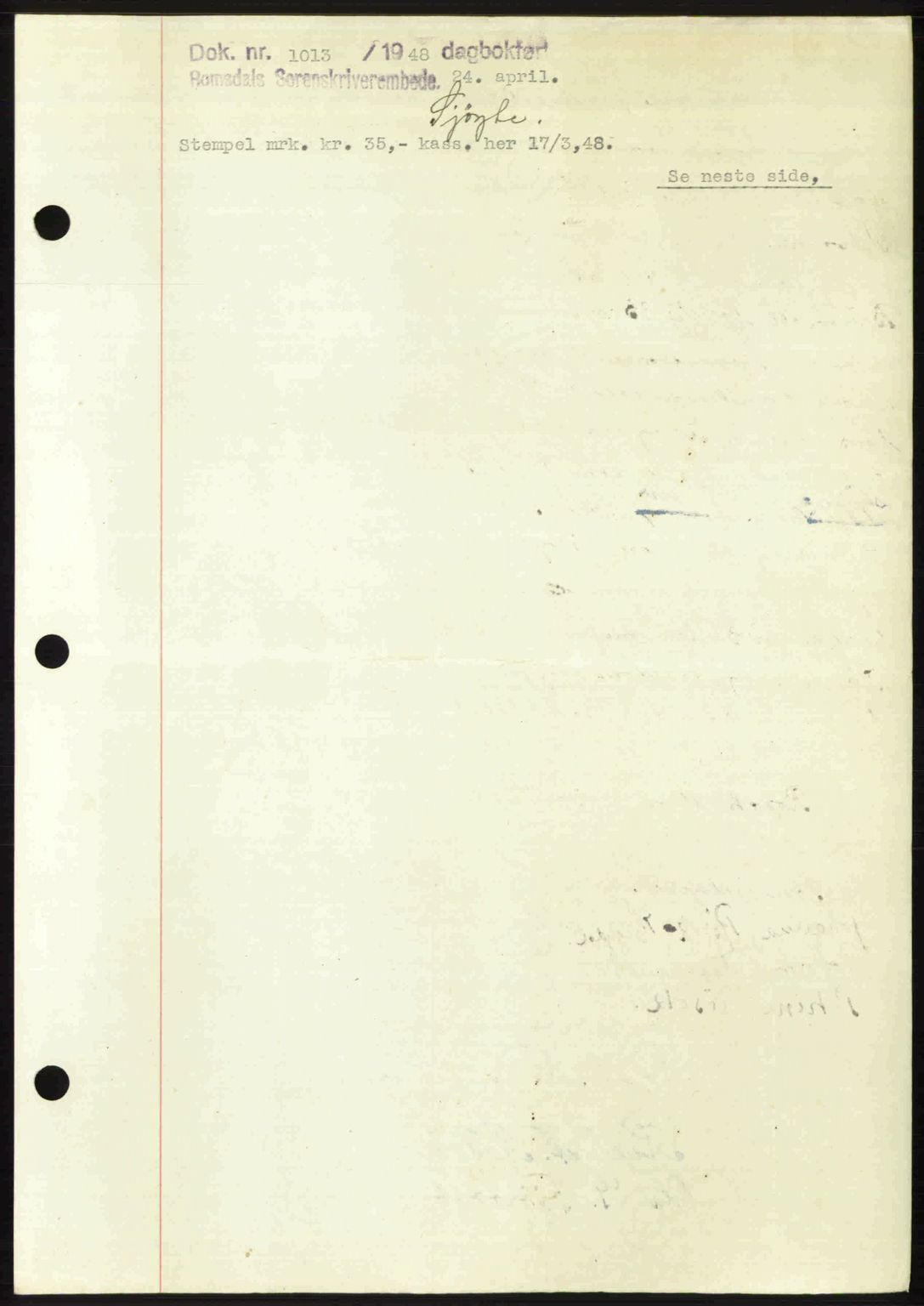 Romsdal sorenskriveri, SAT/A-4149/1/2/2C: Pantebok nr. A26, 1948-1948, Dagboknr: 1013/1948