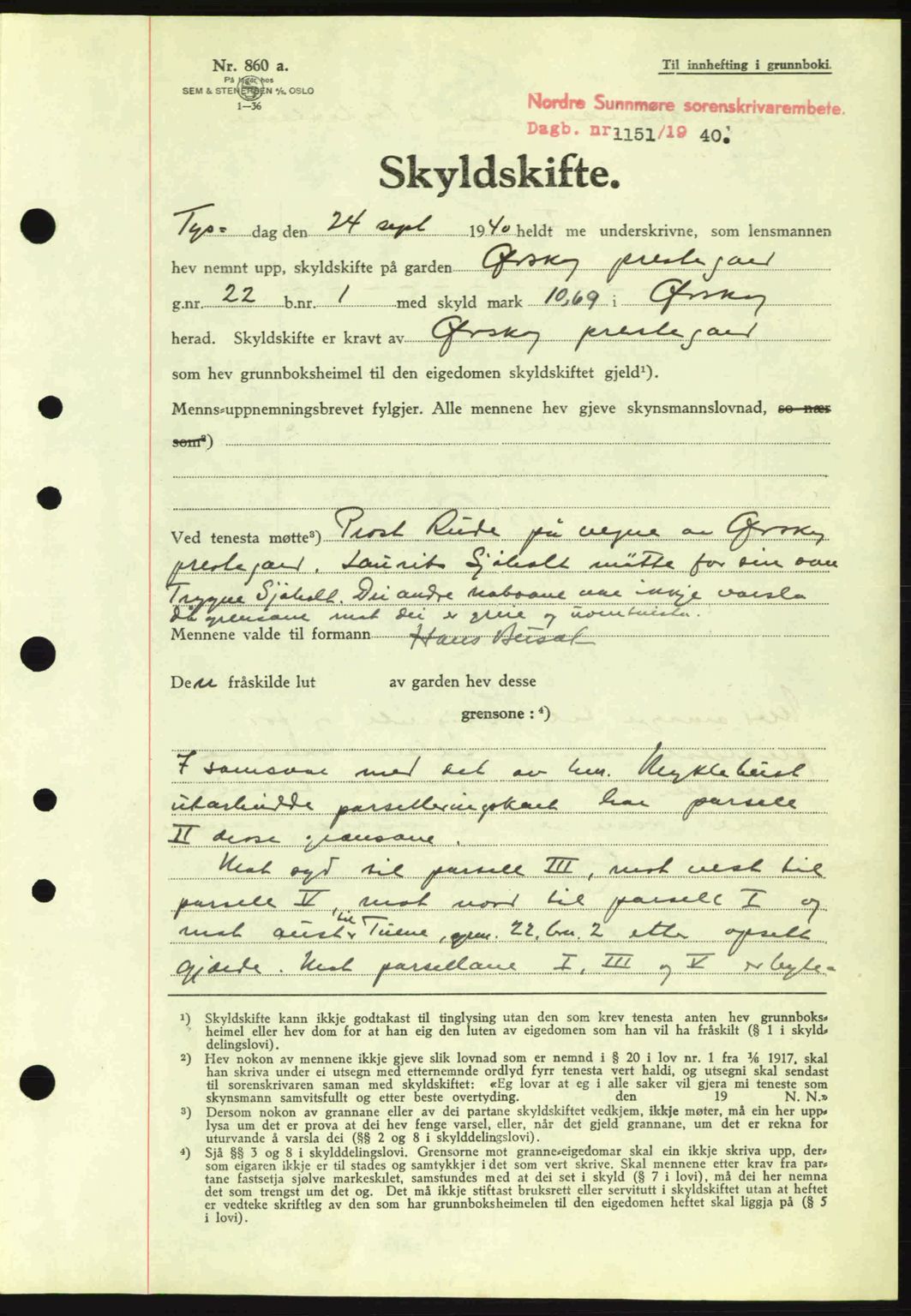 Nordre Sunnmøre sorenskriveri, AV/SAT-A-0006/1/2/2C/2Ca: Pantebok nr. A9, 1940-1940, Dagboknr: 1151/1940