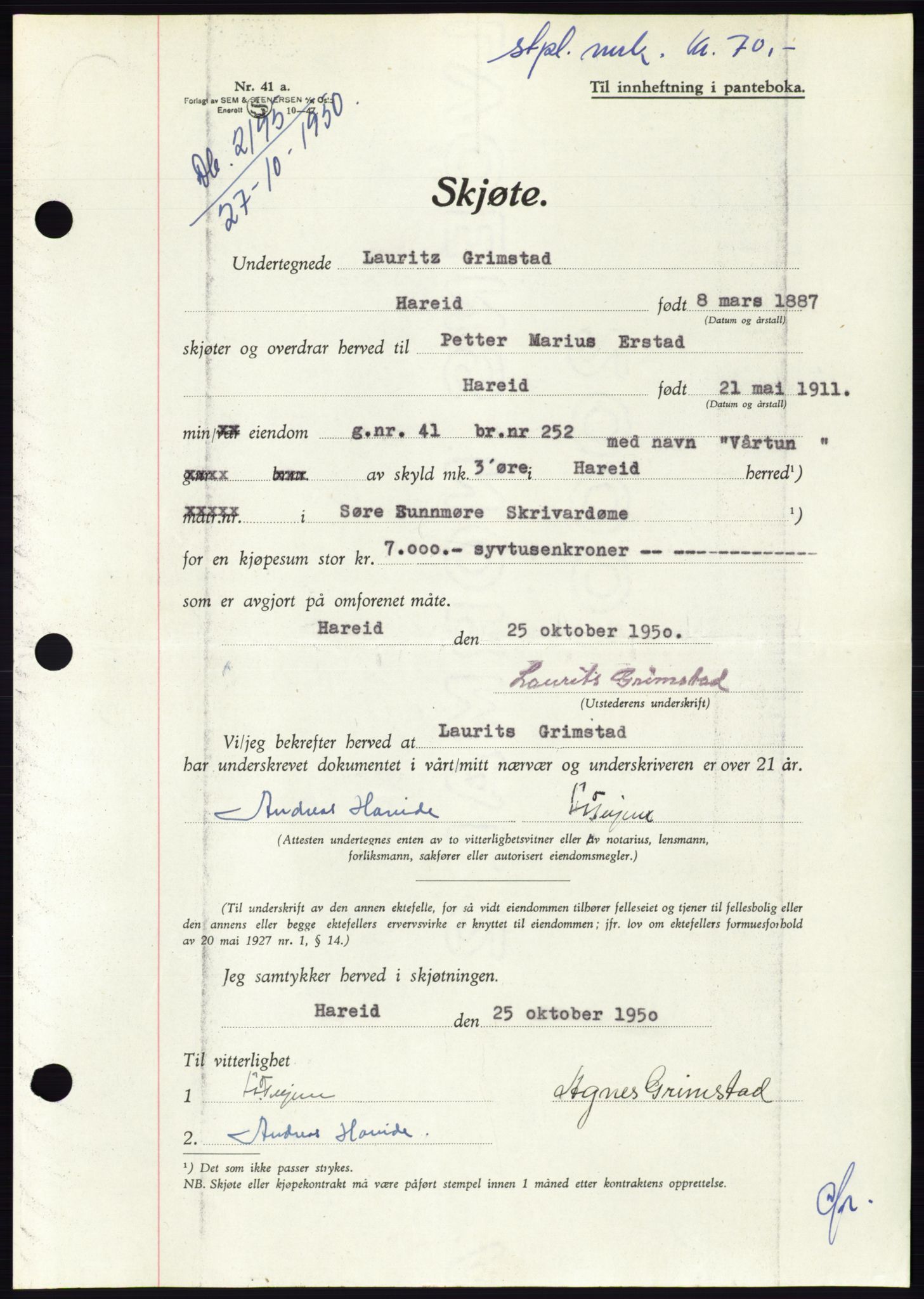 Søre Sunnmøre sorenskriveri, SAT/A-4122/1/2/2C/L0088: Pantebok nr. 14A, 1950-1951, Dagboknr: 2195/1950