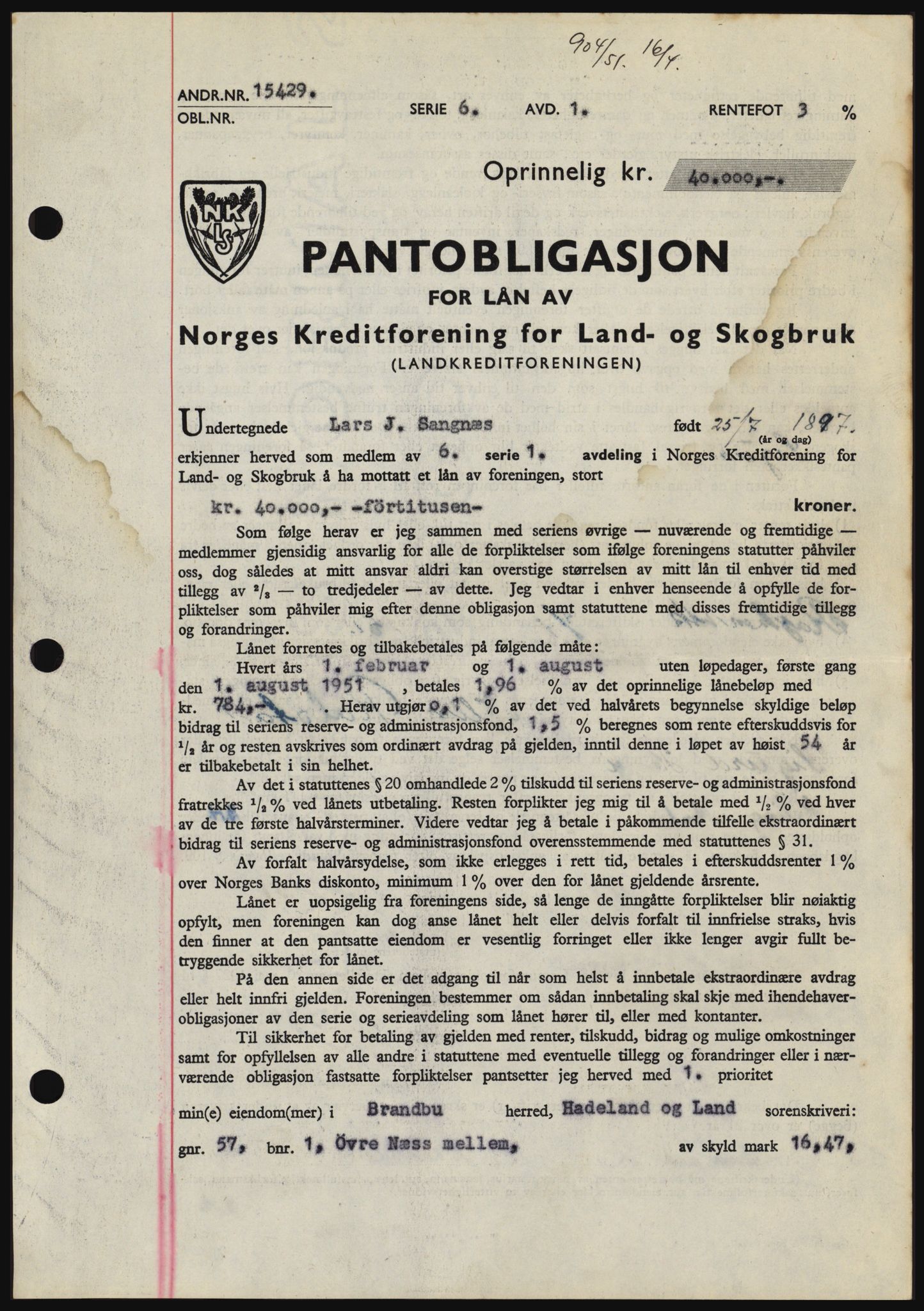 Hadeland og Land tingrett, SAH/TING-010/H/Hb/Hbc/L0021: Pantebok nr. B21, 1951-1951, Dagboknr: 904/1951