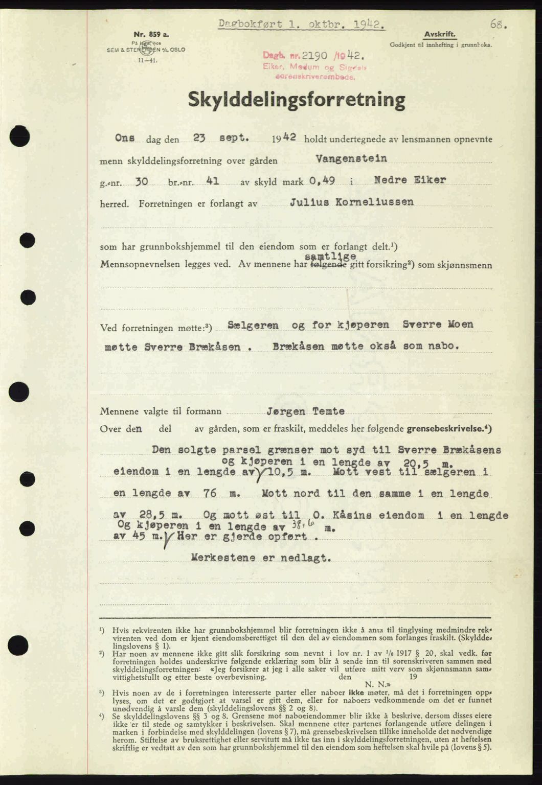 Eiker, Modum og Sigdal sorenskriveri, SAKO/A-123/G/Ga/Gab/L0047: Pantebok nr. A17, 1942-1943, Dagboknr: 2190/1942
