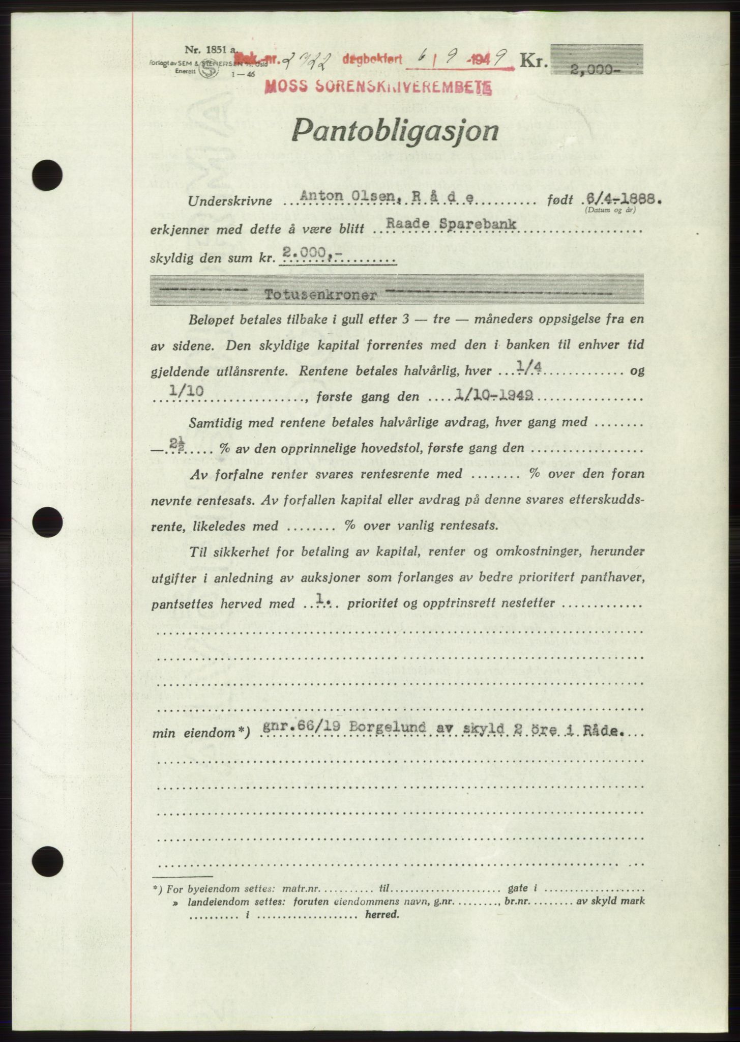 Moss sorenskriveri, SAO/A-10168: Pantebok nr. B22, 1949-1949, Dagboknr: 2722/1949