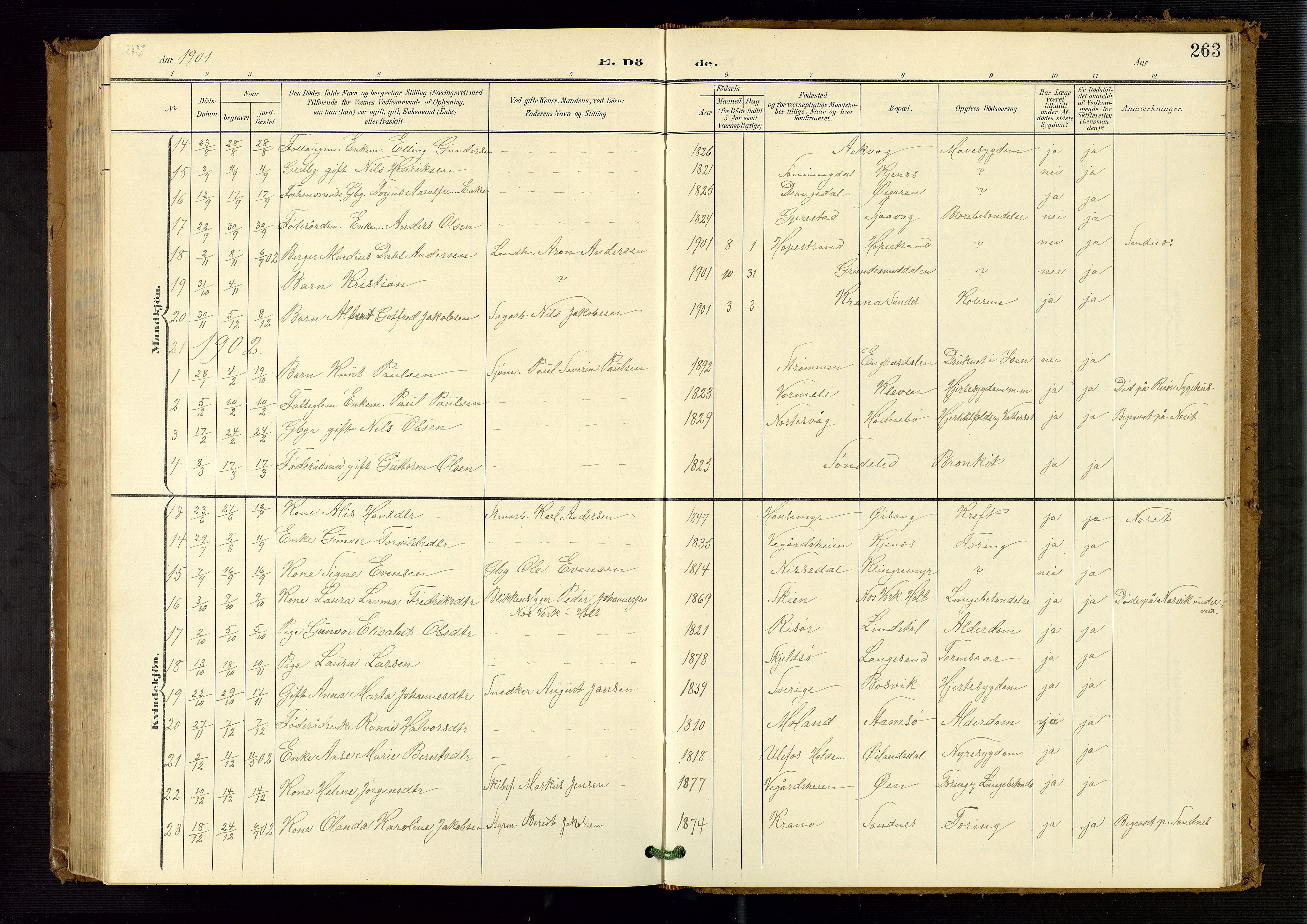 Søndeled sokneprestkontor, AV/SAK-1111-0038/F/Fb/L0005: Klokkerbok nr. B 6, 1900-1962, s. 263