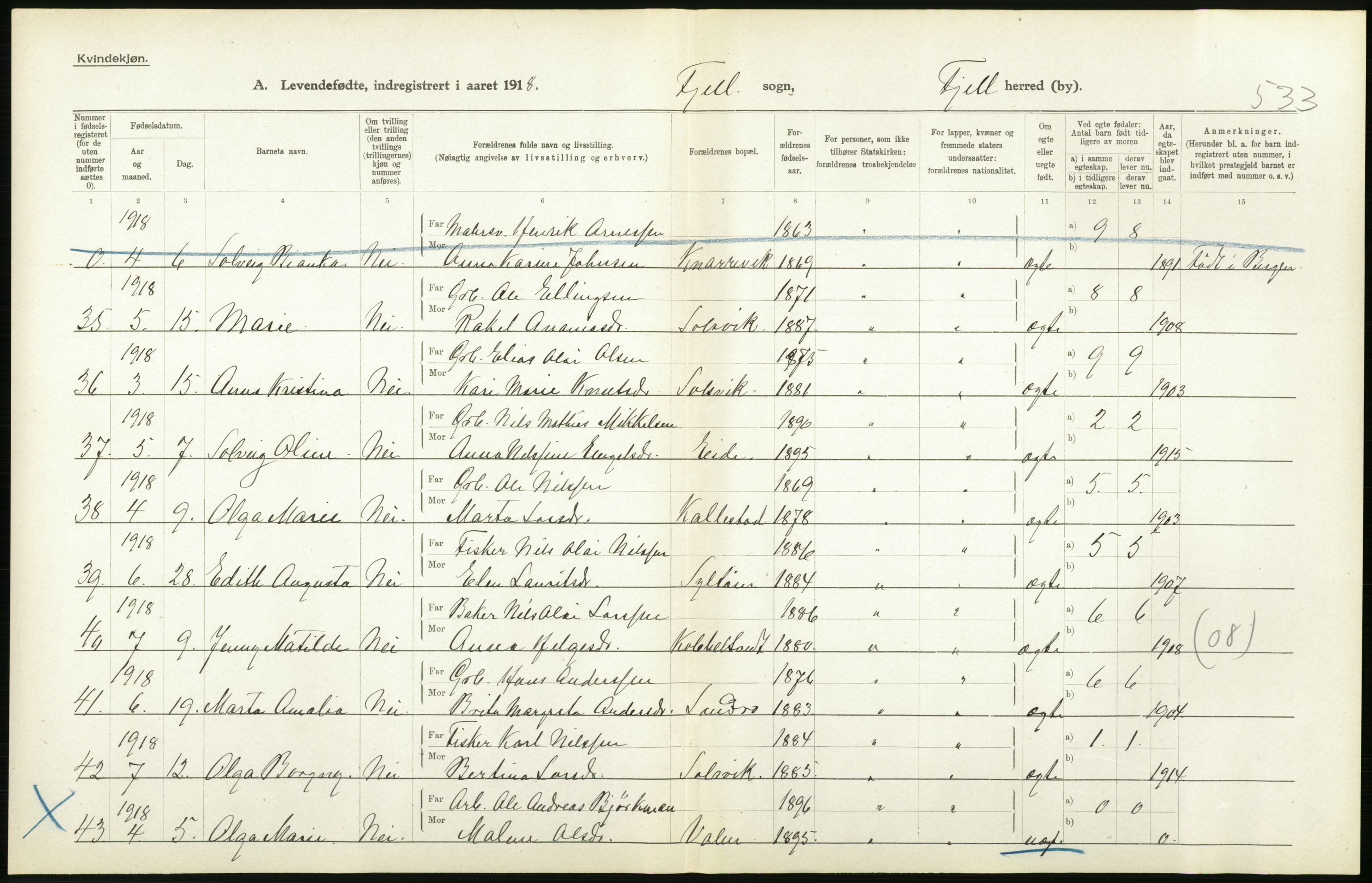 Statistisk sentralbyrå, Sosiodemografiske emner, Befolkning, AV/RA-S-2228/D/Df/Dfb/Dfbh/L0034: Hordaland fylke: Levendefødte menn og kvinner. Bygder., 1918, s. 34