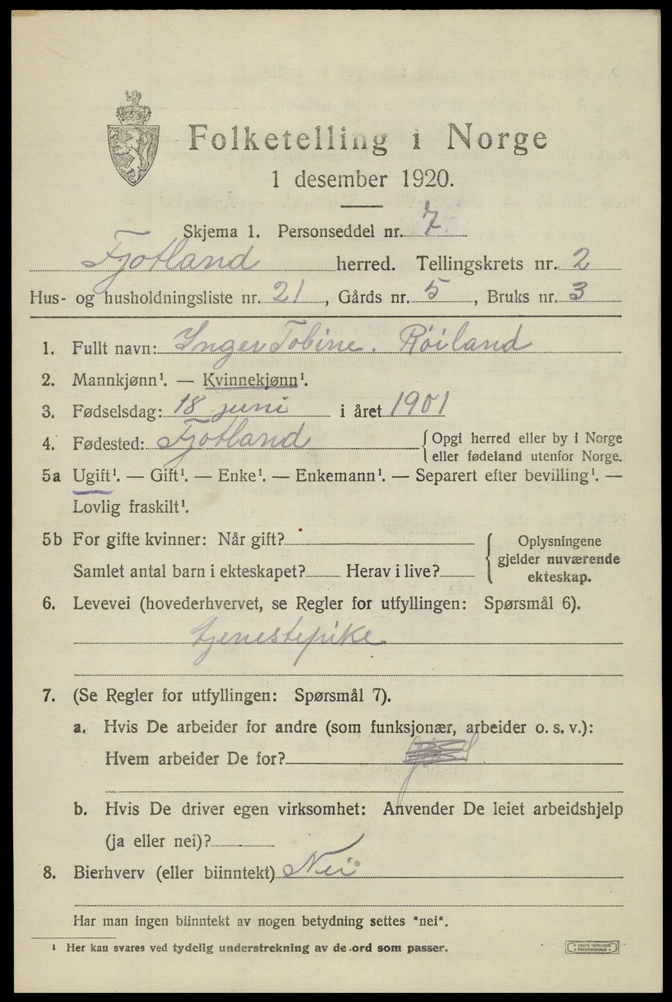 SAK, Folketelling 1920 for 1036 Fjotland herred, 1920, s. 916