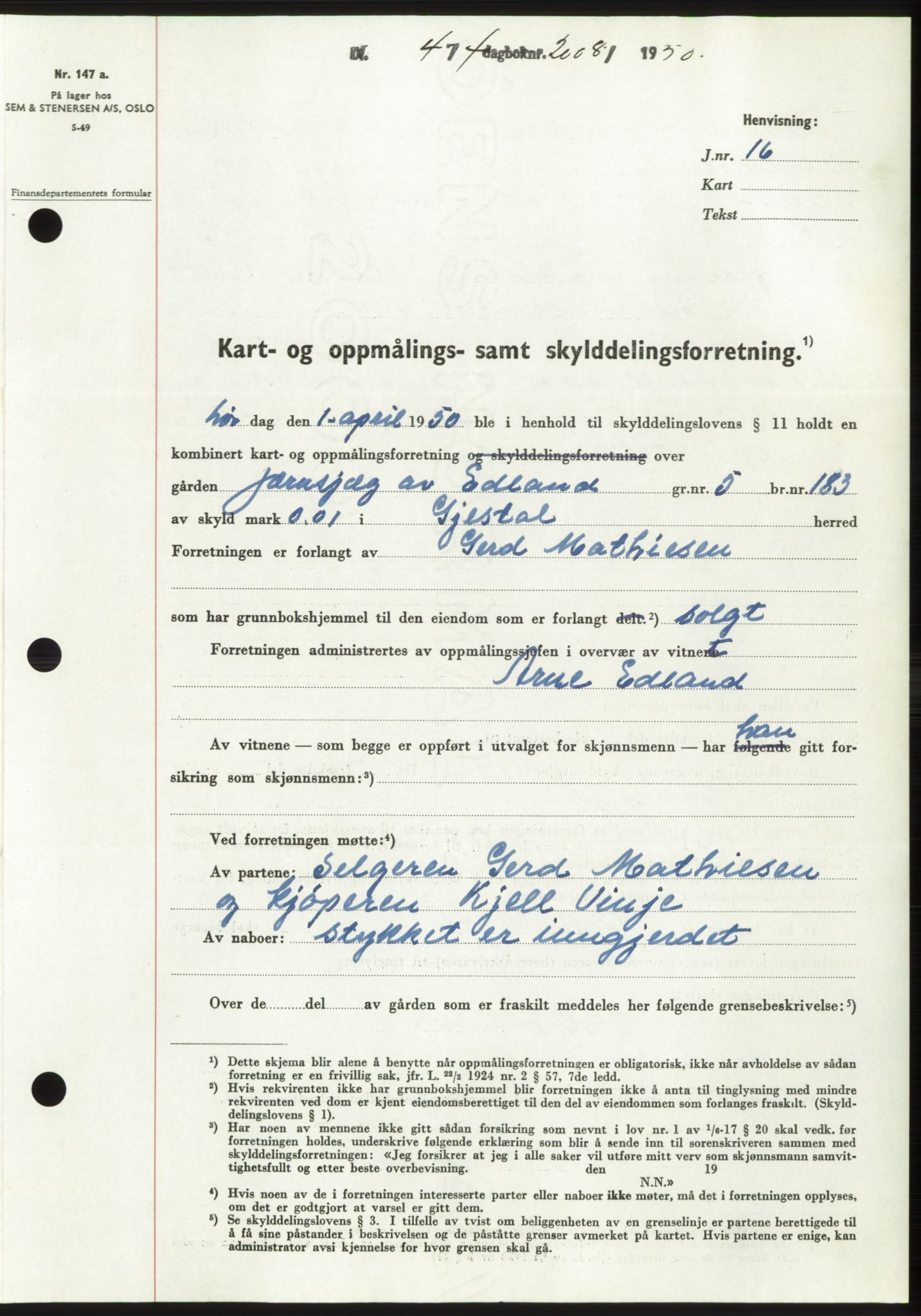 Jæren sorenskriveri, SAST/A-100310/03/G/Gba/L0107: Pantebok, 1950-1950, Dagboknr: 2008/1950