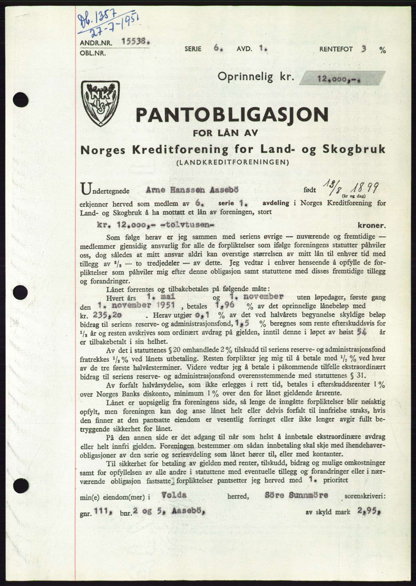 Søre Sunnmøre sorenskriveri, SAT/A-4122/1/2/2C/L0120: Pantebok nr. 8B, 1951-1951, Dagboknr: 1357/1951