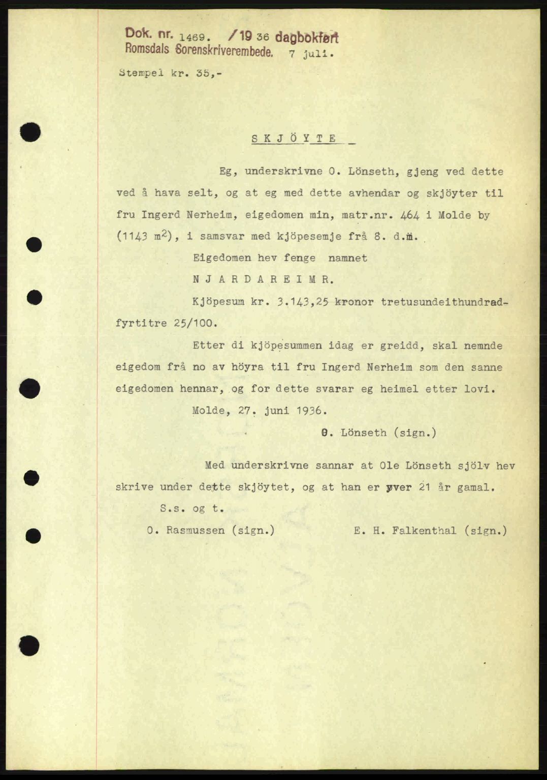 Romsdal sorenskriveri, SAT/A-4149/1/2/2C: Pantebok nr. A1, 1936-1936, Dagboknr: 1469/1936