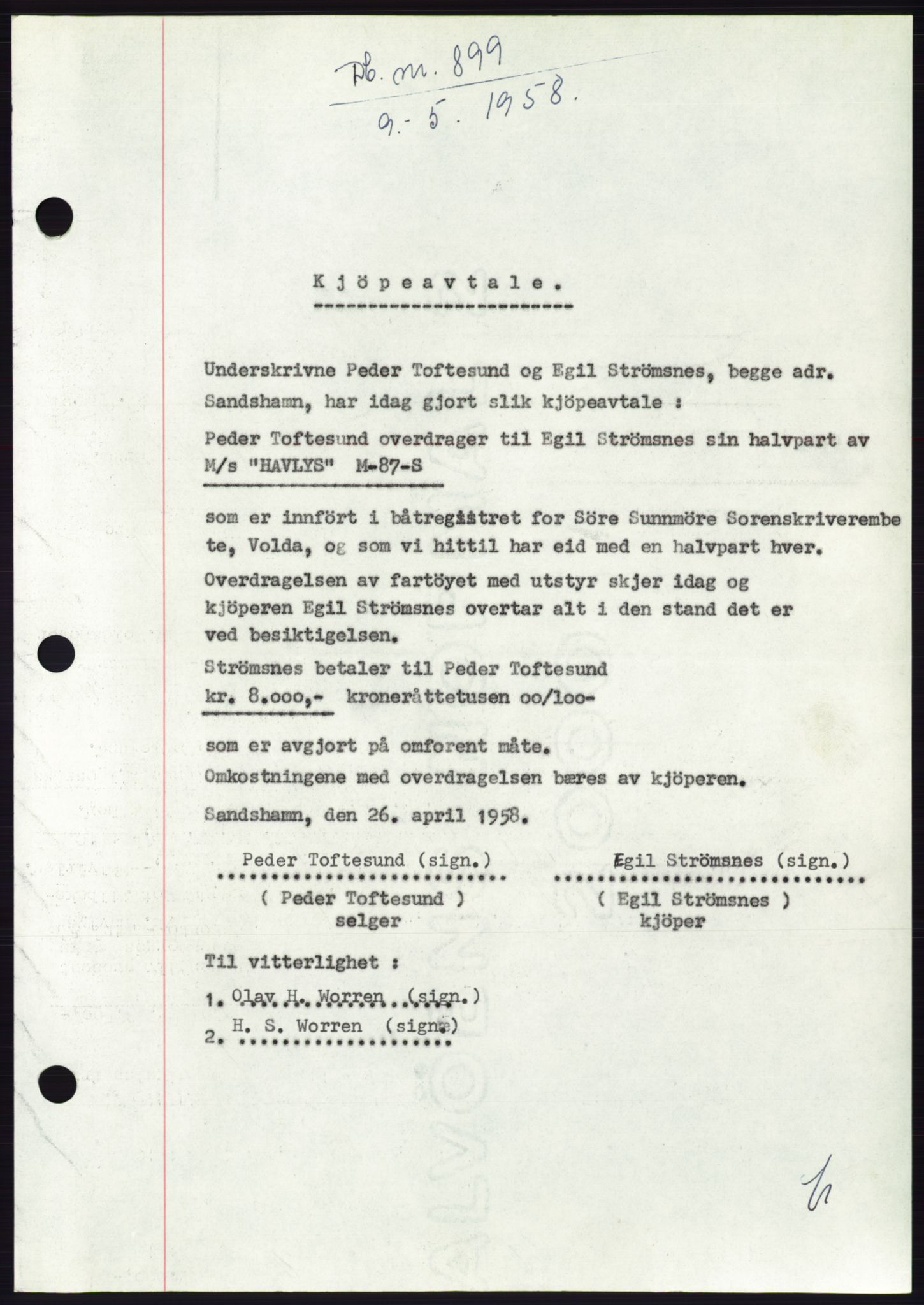 Søre Sunnmøre sorenskriveri, SAT/A-4122/1/2/2C/L0109: Pantebok nr. 35A, 1958-1958, Dagboknr: 899/1958
