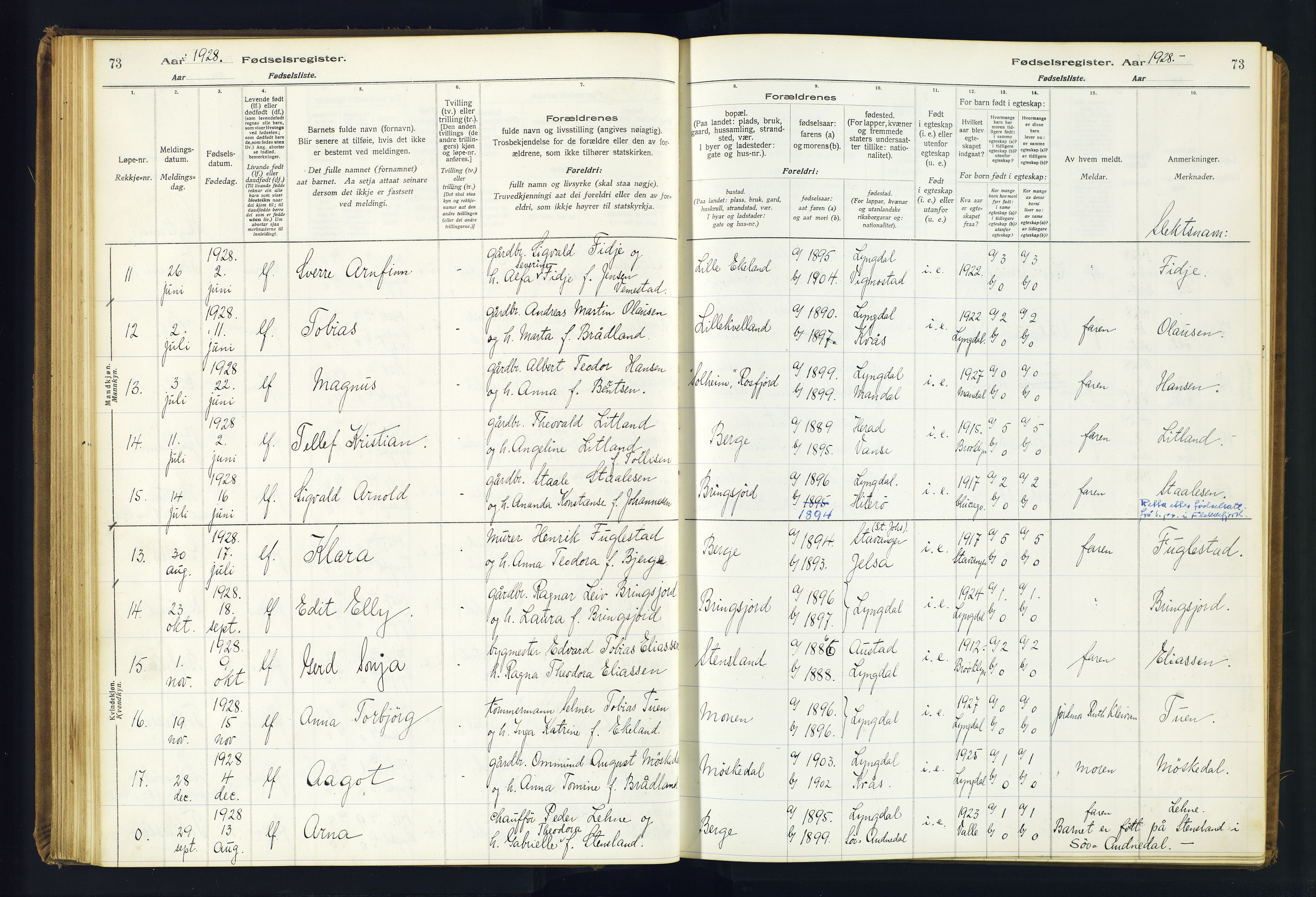 Lyngdal sokneprestkontor, AV/SAK-1111-0029/J/Ja/L0001: Fødselsregister nr. A-VI-26, 1916-1951, s. 73