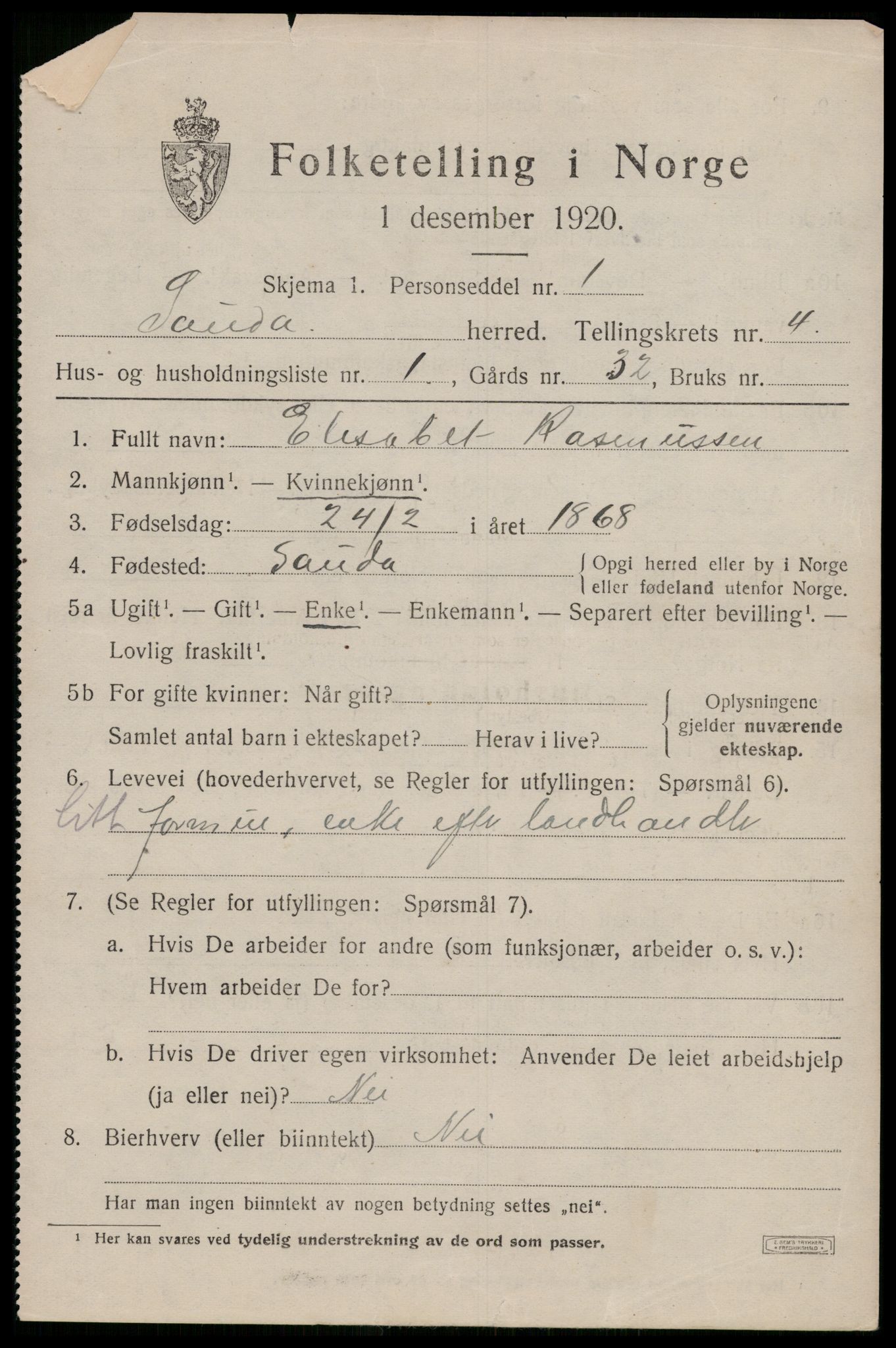 SAST, Folketelling 1920 for 1135 Sauda herred, 1920, s. 1728