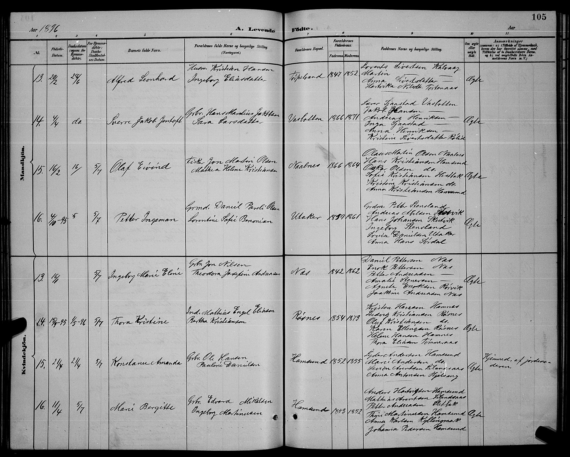Ministerialprotokoller, klokkerbøker og fødselsregistre - Nordland, SAT/A-1459/859/L0859: Klokkerbok nr. 859C05, 1887-1898, s. 105