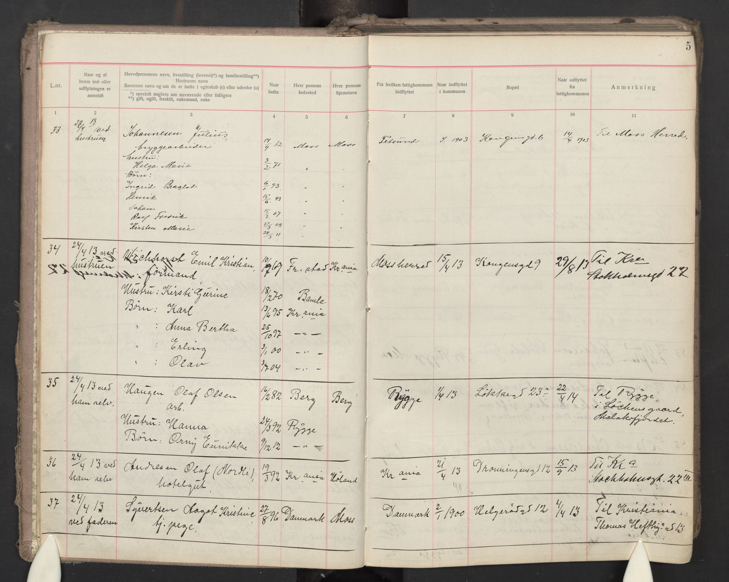 Moss folkeregister, AV/SAO-A-10020/J/L0003: Inn- og utflyttede i Moss fattigkommune, 1913-1917, s. 5