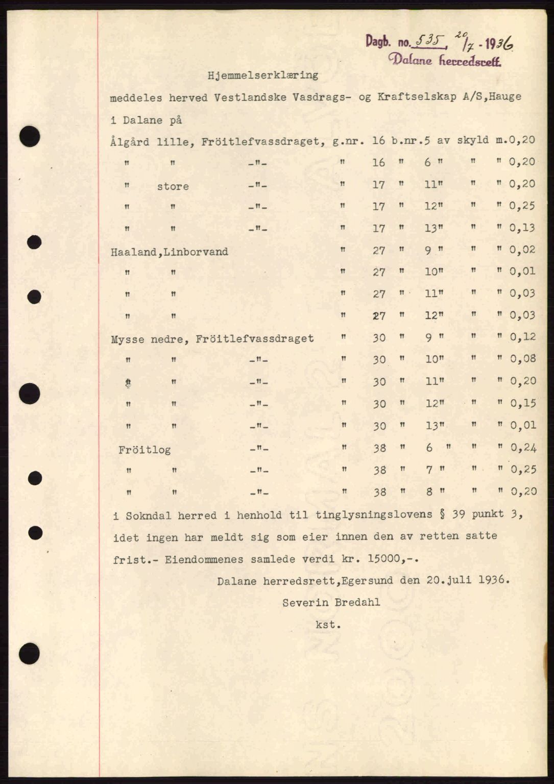 Dalane sorenskriveri, SAST/A-100309/02/G/Gb/L0040: Pantebok nr. A1, 1936-1936, Dagboknr: 535/1936