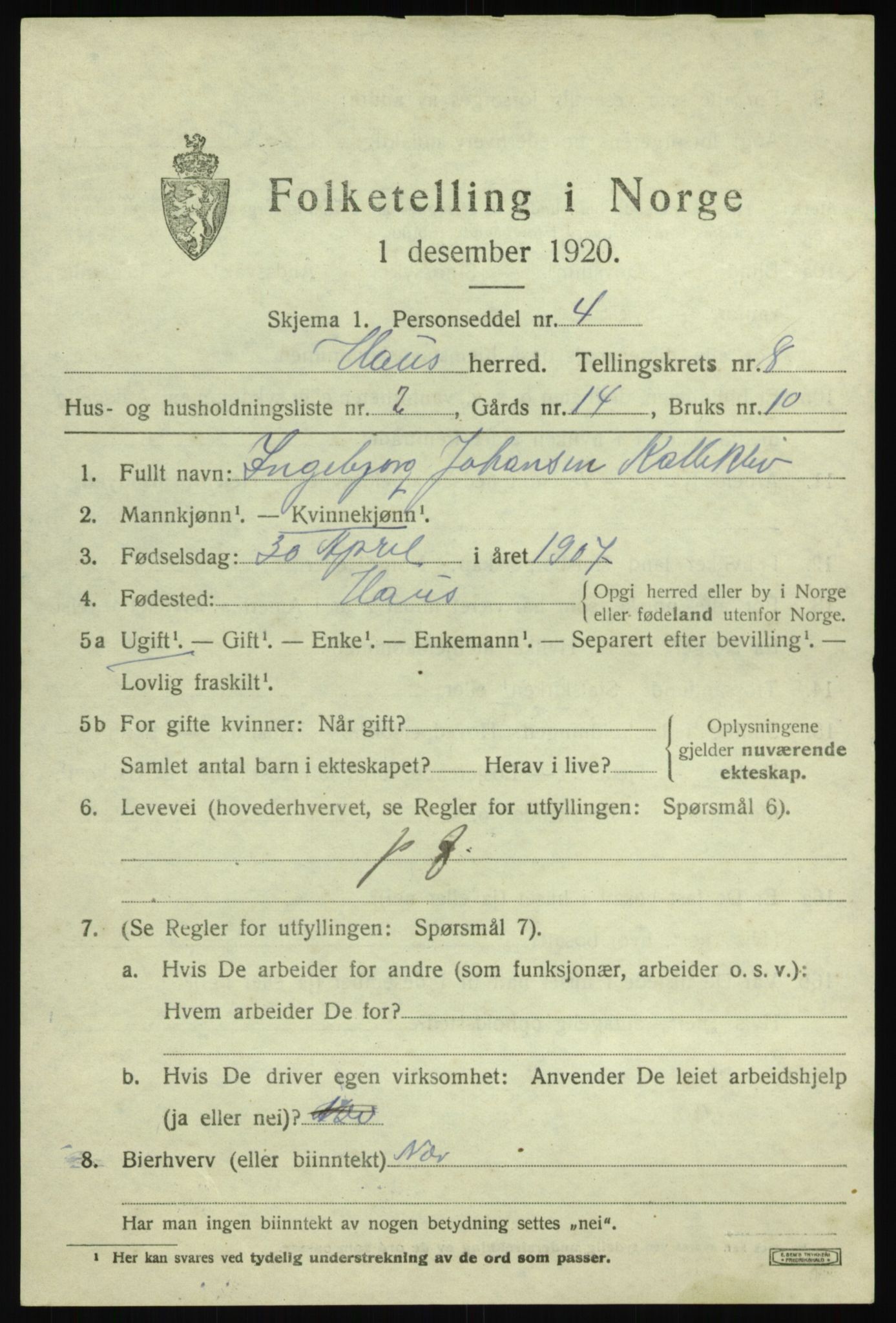 SAB, Folketelling 1920 for 1250 Haus herred, 1920, s. 4689