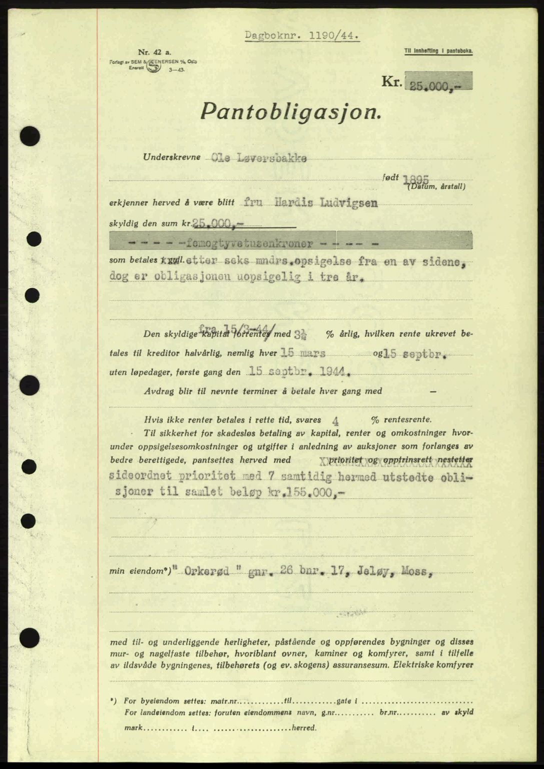 Moss sorenskriveri, SAO/A-10168: Pantebok nr. B13, 1943-1945, Dagboknr: 1190/1944