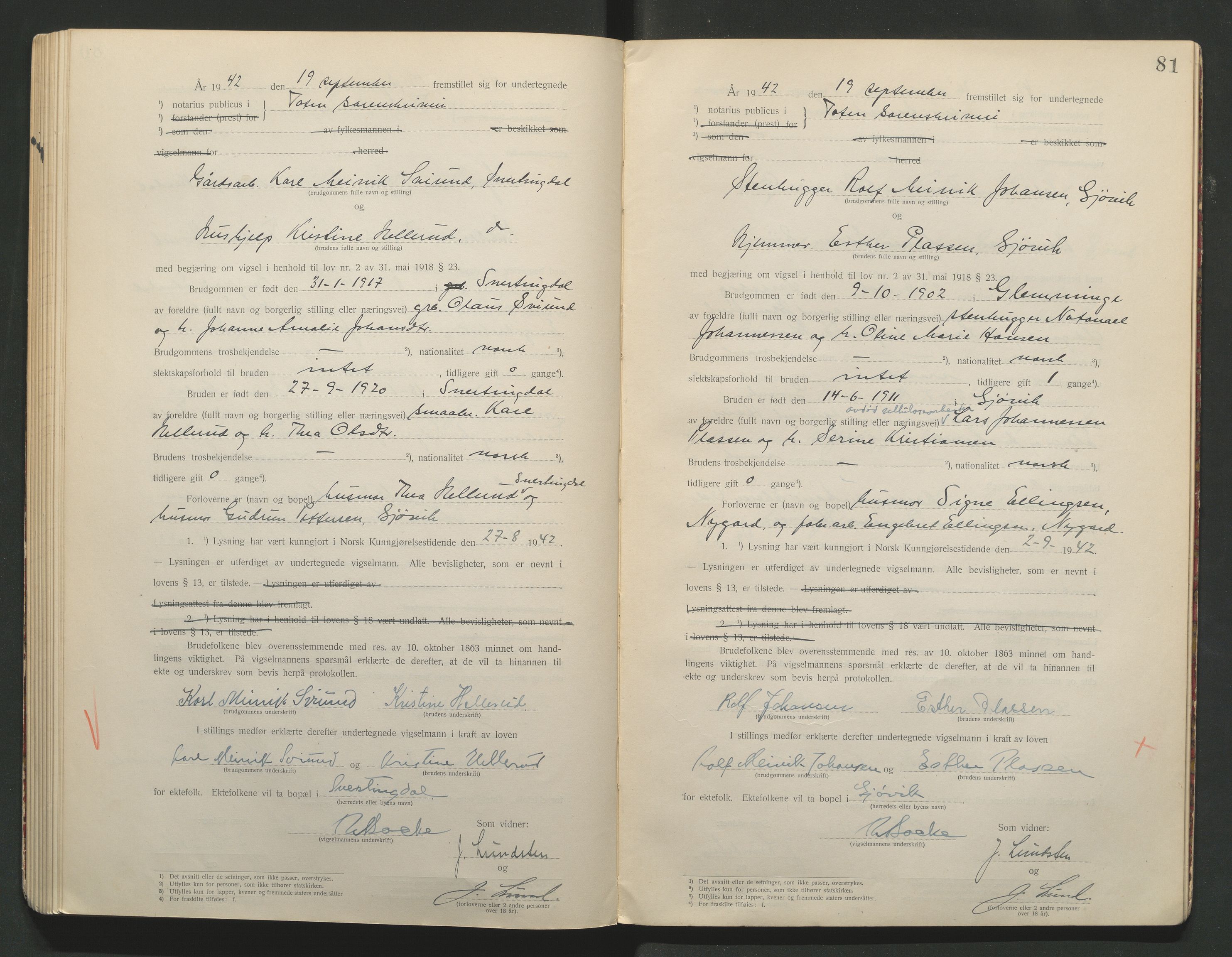 Toten tingrett, AV/SAH-TING-006/L/Lc/L0001: Vigselbok, 1920-1942, s. 81