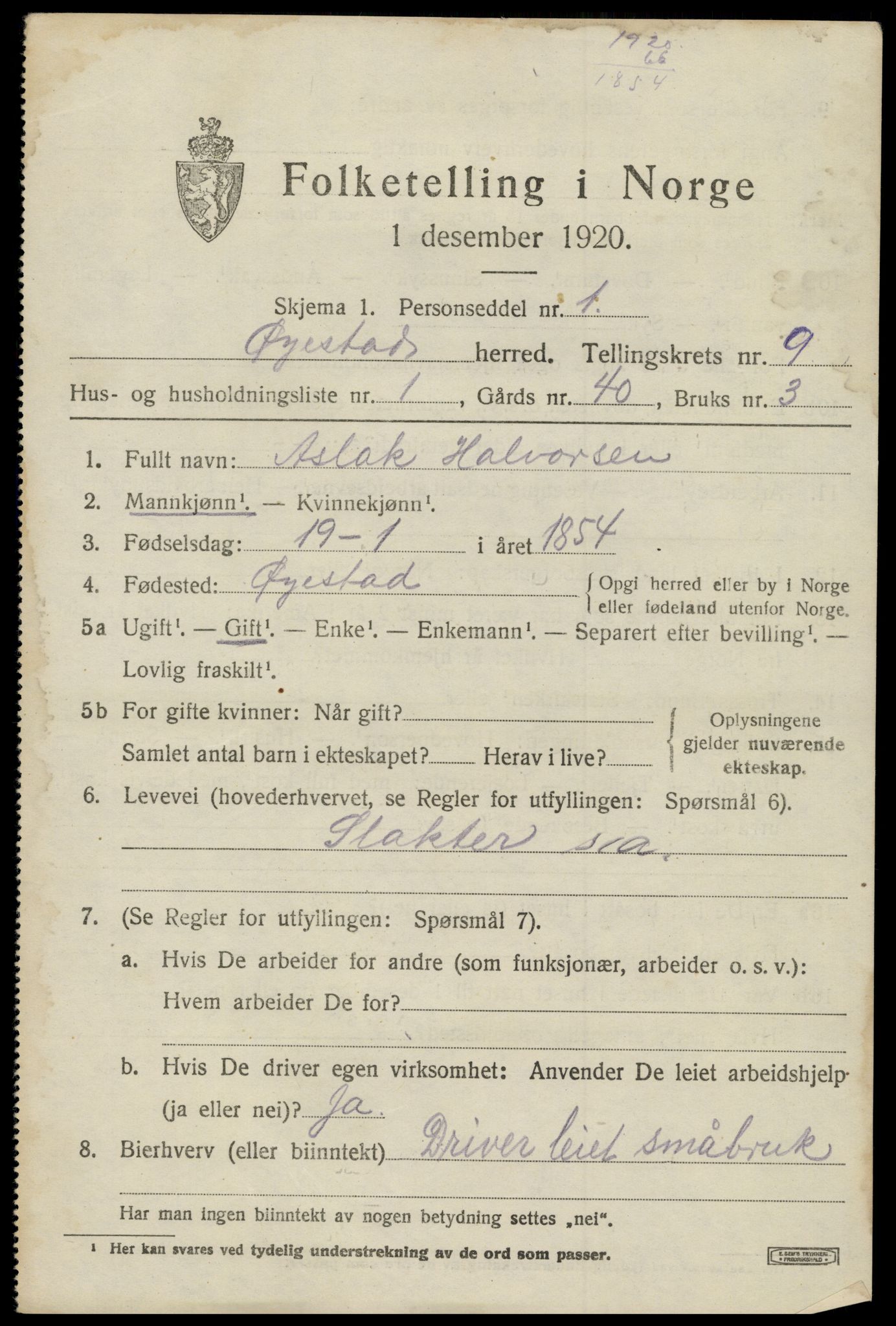 SAK, Folketelling 1920 for 0920 Øyestad herred, 1920, s. 5912