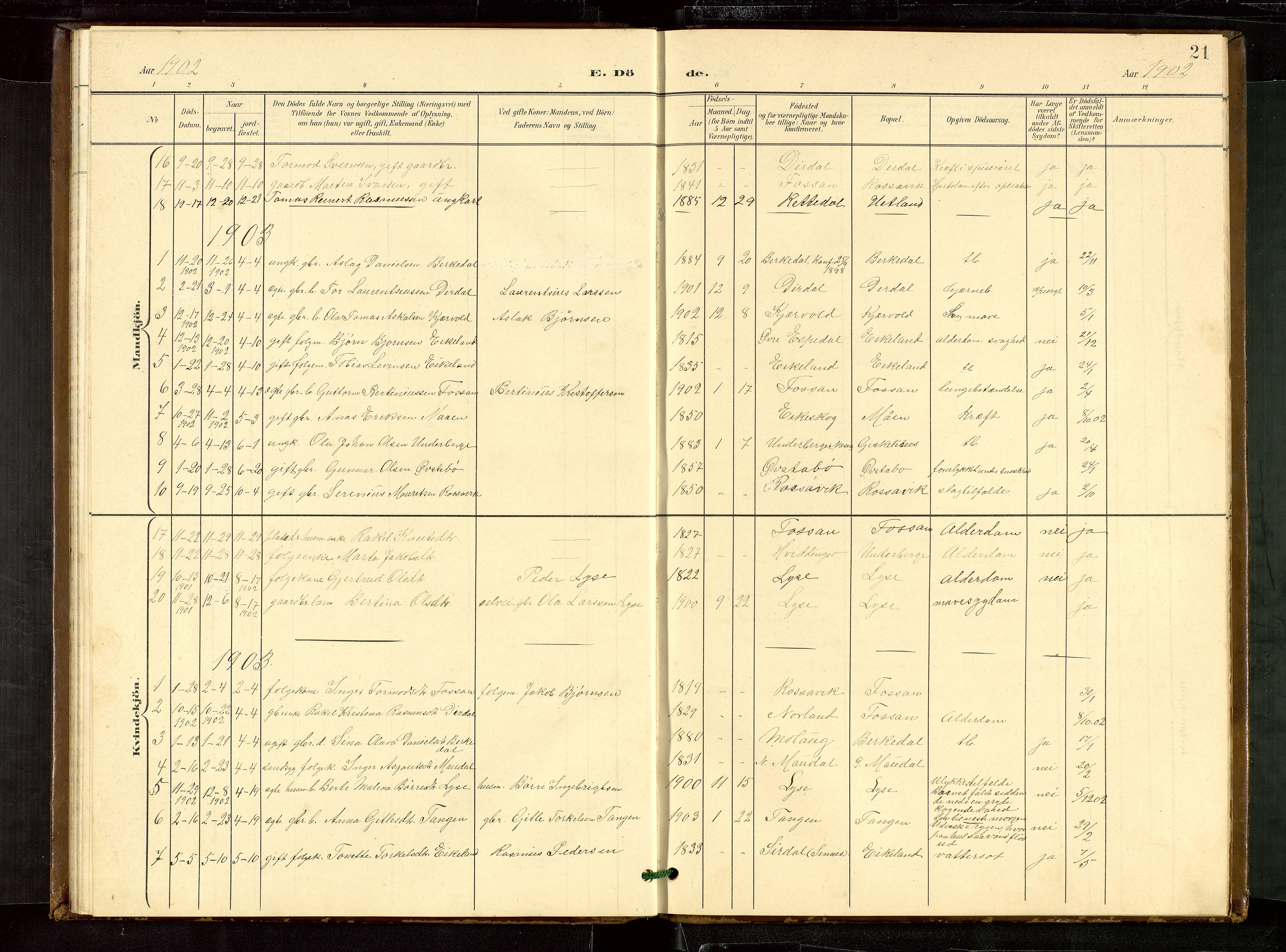 Høgsfjord sokneprestkontor, AV/SAST-A-101624/H/Ha/Hab/L0010: Klokkerbok nr. B 10, 1900-1922, s. 21