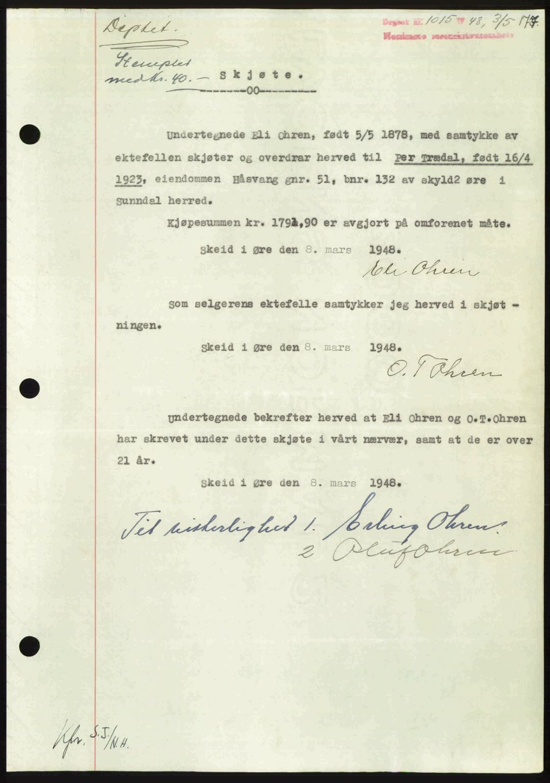 Nordmøre sorenskriveri, SAT/A-4132/1/2/2Ca: Pantebok nr. A108, 1948-1948, Dagboknr: 1015/1948